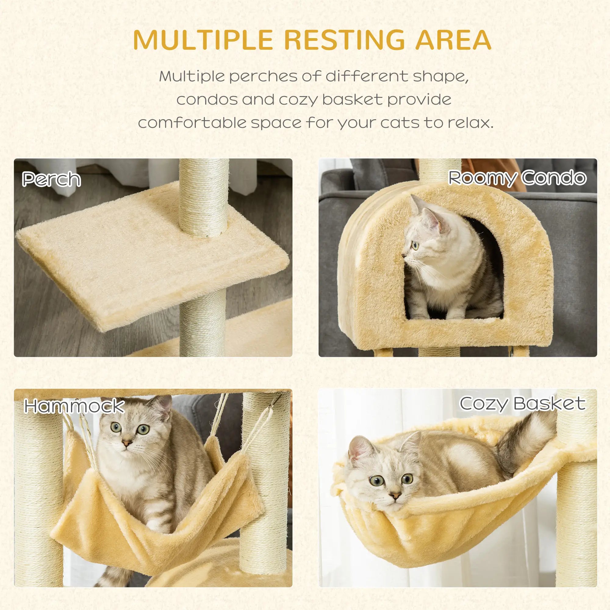Cat Tree Tower for Indoor Cats Kitten Activity Centre Scratching Post w/ Hammock House Basket Ladder - Beige