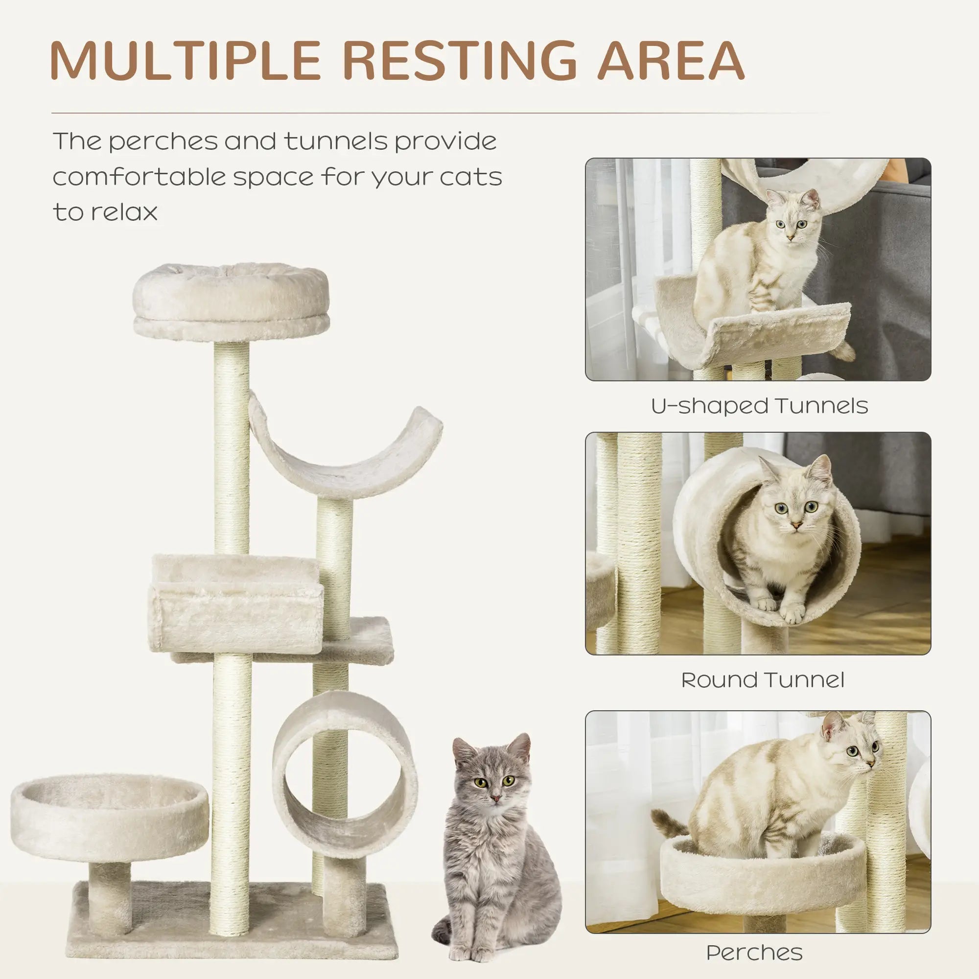 Cat Tree for Indoor Cats Kitten Pet Scratching Post Perch Activity Center Scratcher Climb Post Play House Arch with Tunnel 105cm Tall Beige