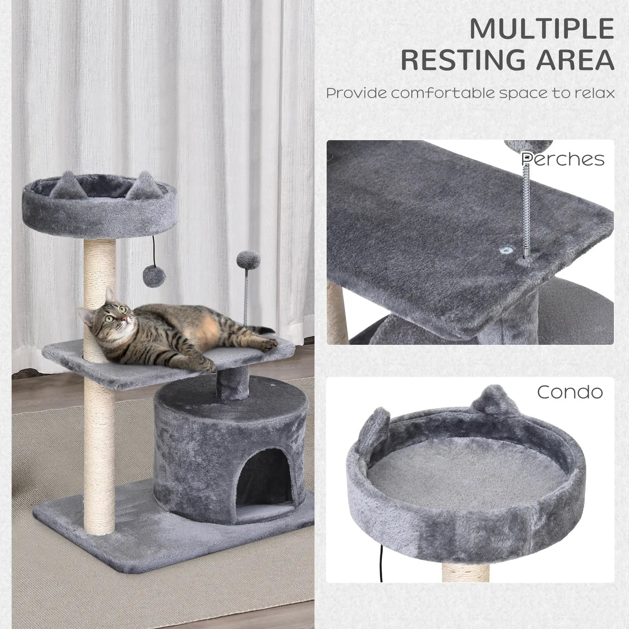 Cat Tree for Indoor Cats with Scratching Post Climbing Tower Kitty Activity Centre Condo Perch Jumping Platforms Grey 60L x 40W x 81H cm
