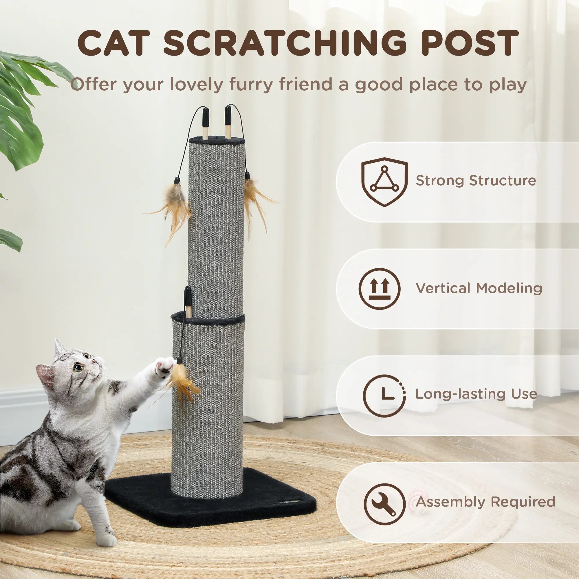 78cm 2-in-1 Cat Scratching Post with 3 Toy Feathers, Black