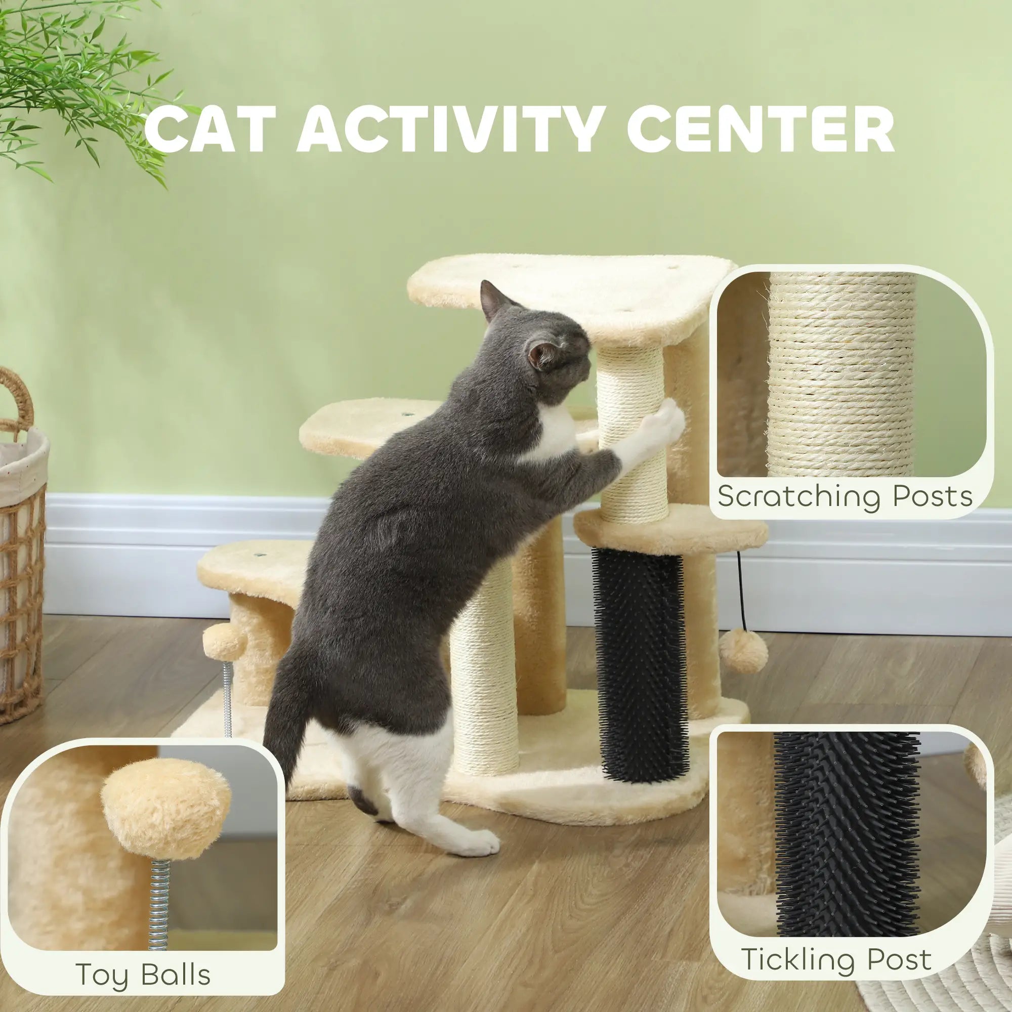 2-in-1 Cat Tree, Pet Stairs with Scratching Tickling Post, Toy Balls, for Bed, Sofa, Couch, Beige