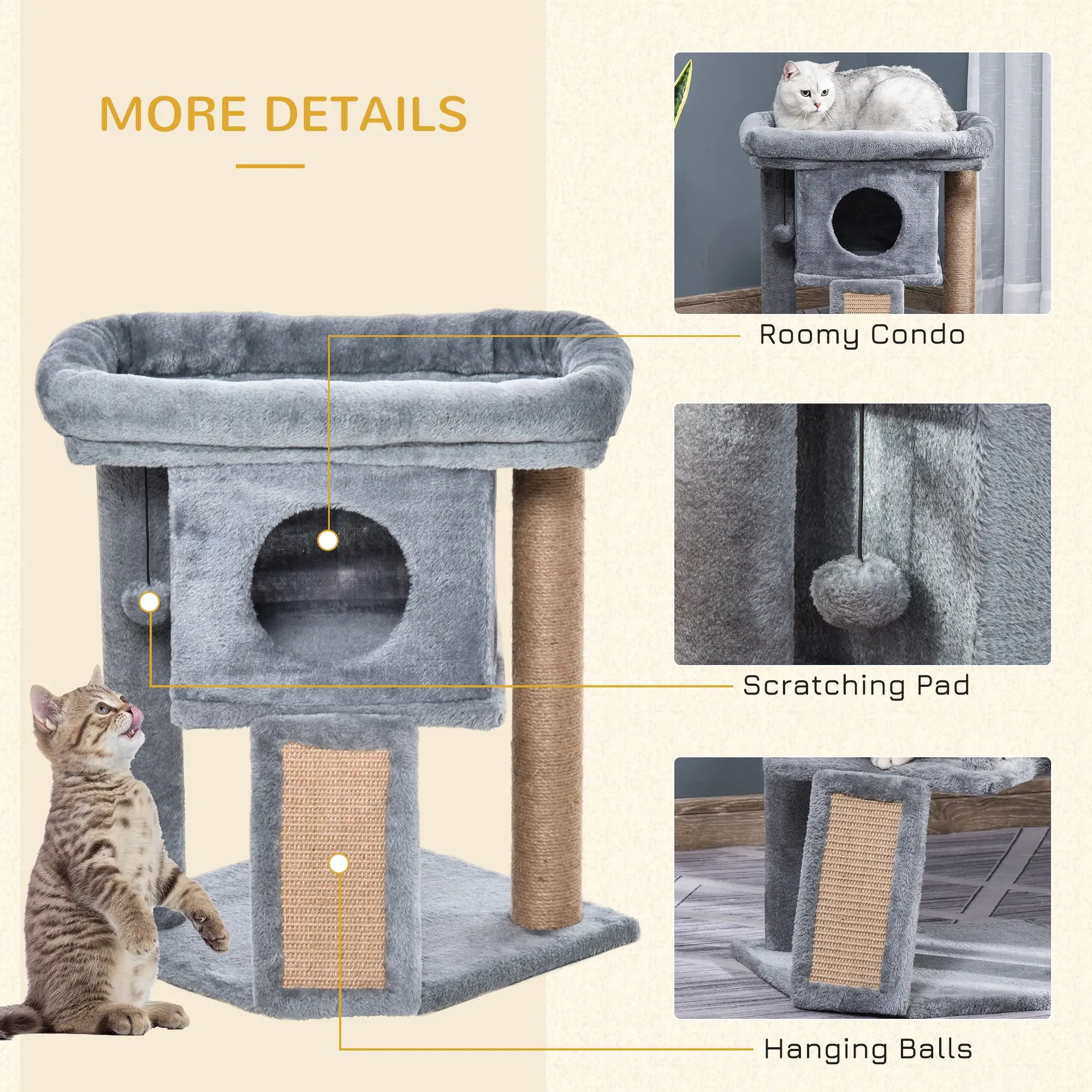 Cat Tree Tower for Indoor Cats CScratching Post Climbing Activity Centre w/Jute Scratching Pad, Toy Ball, Cat House - Grey