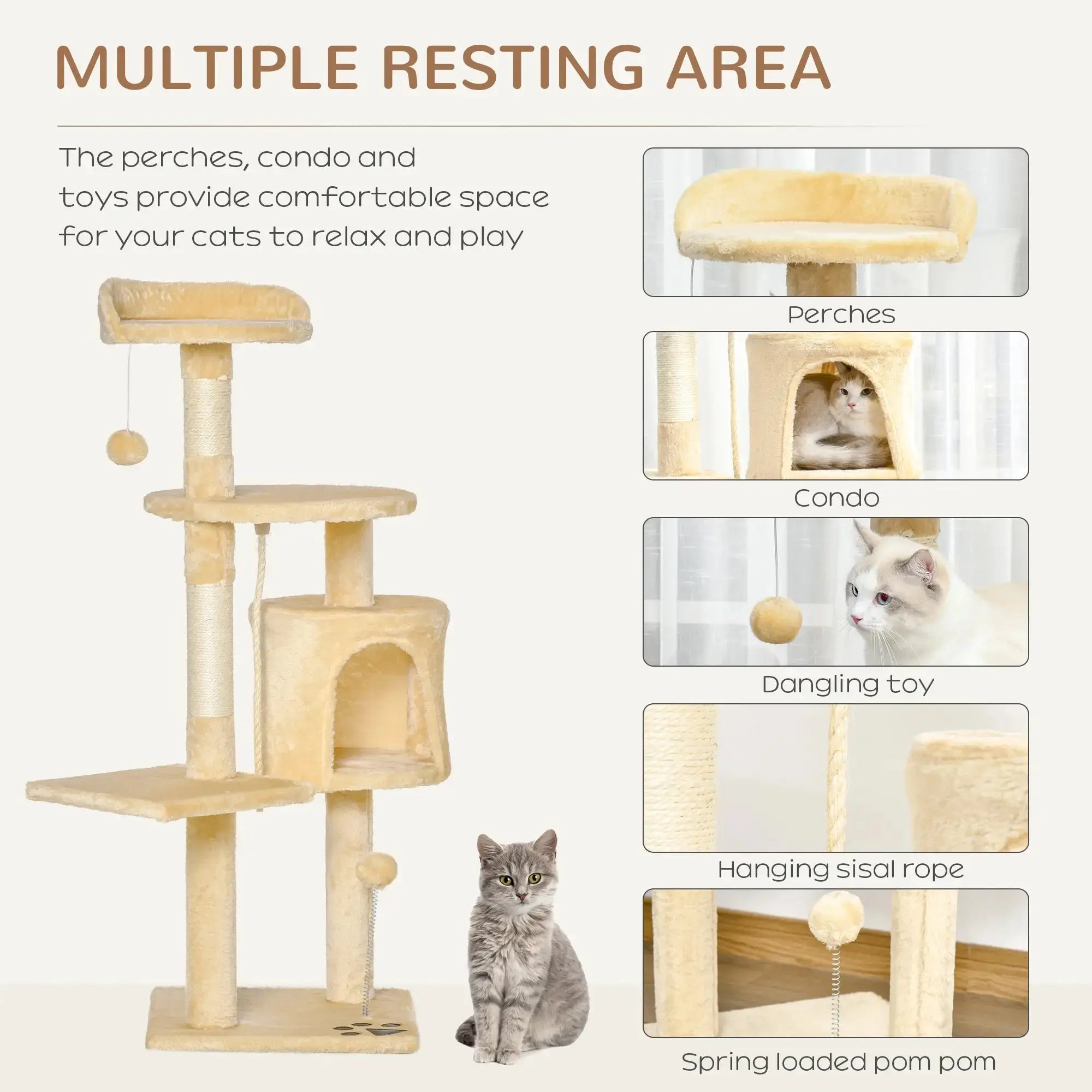 Cat Tree for Indoor Cats Pet Activity Centre Kitty Condo Climbing Scratching Post with Toys 4-tier 114cm Tall Beige