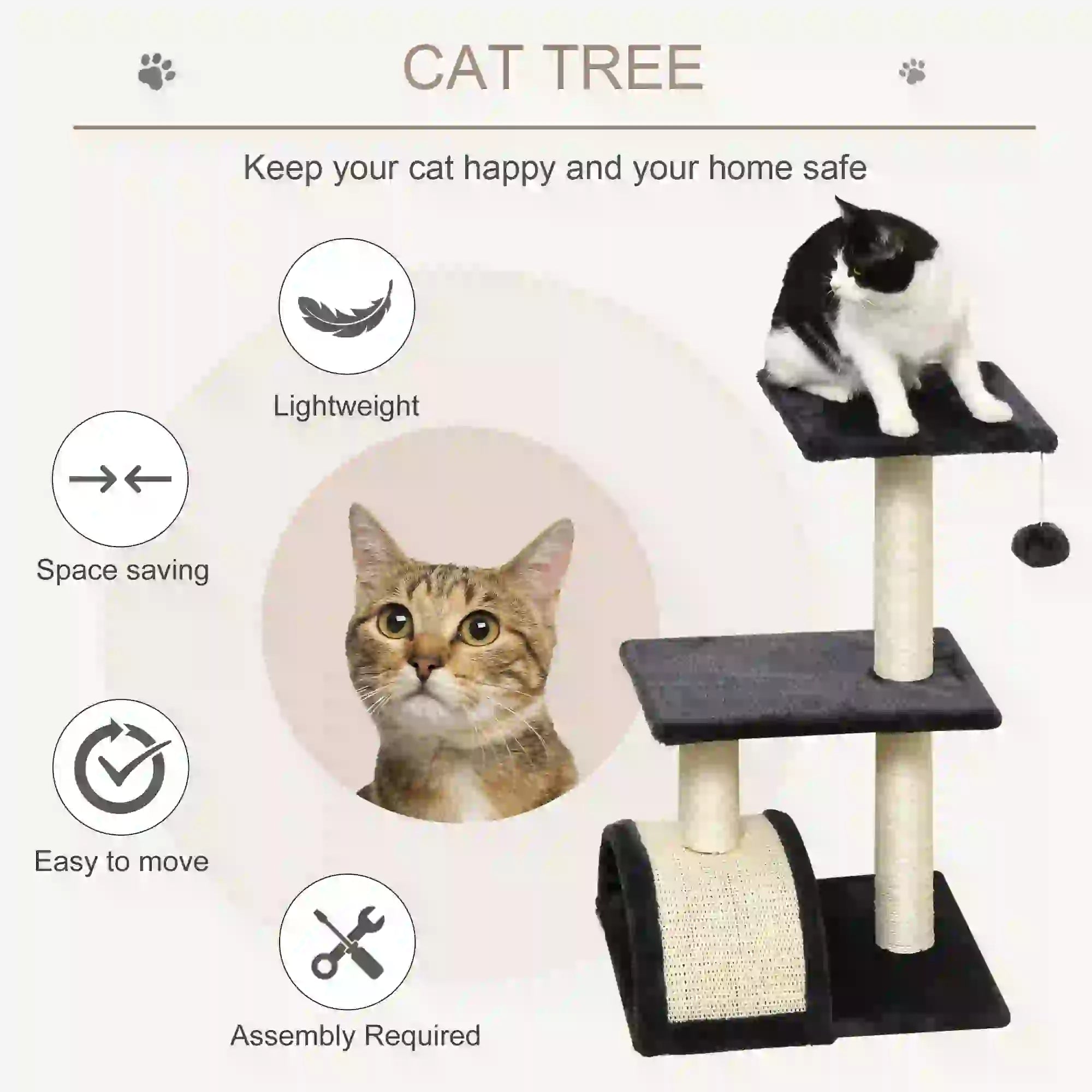 72cm Cat Tree with Scratching Post, Pad for Indoor Cats - Black
