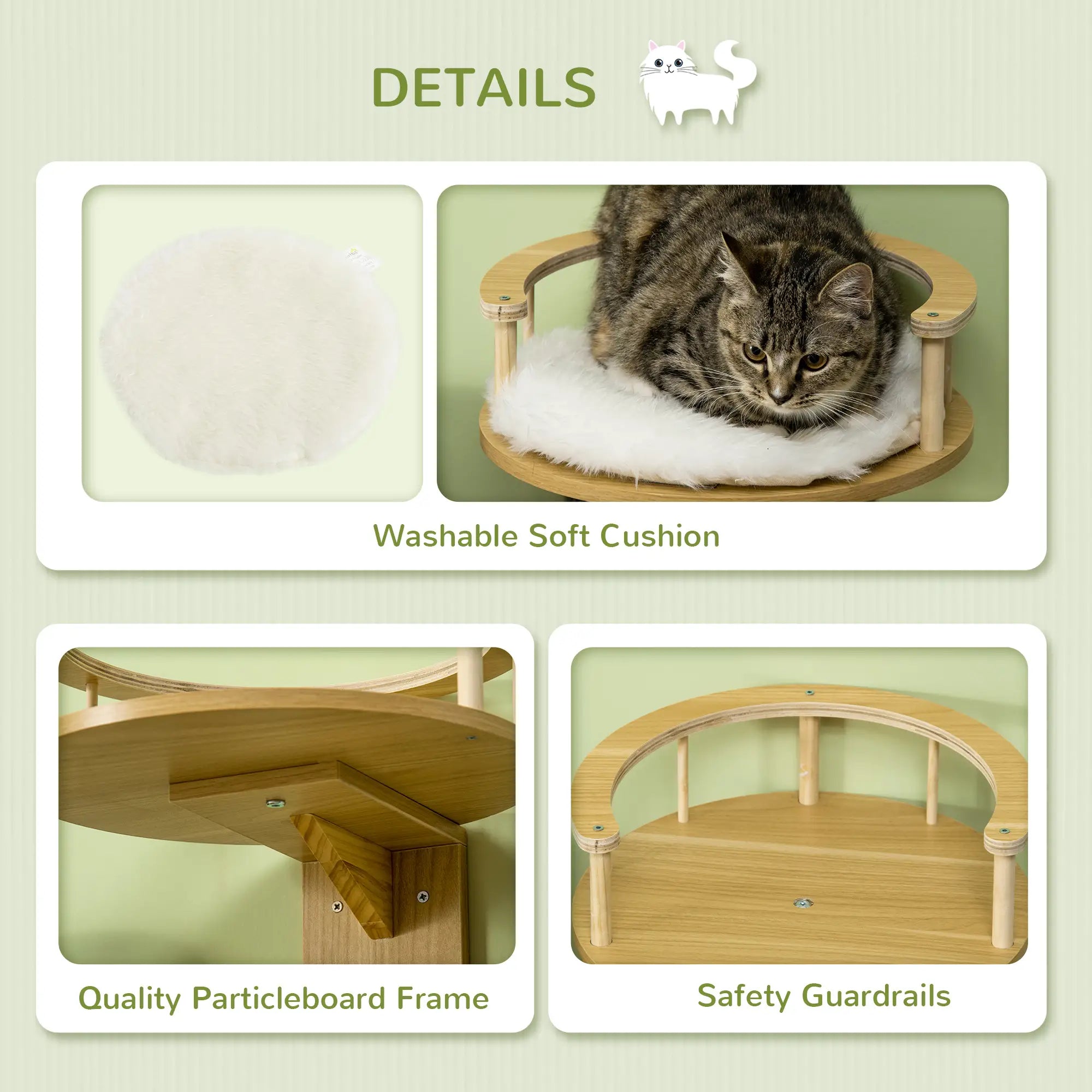 Wall-Mounted Cat Shelf with Cushion, Guardrails, 34 x 34 x 10.5cm