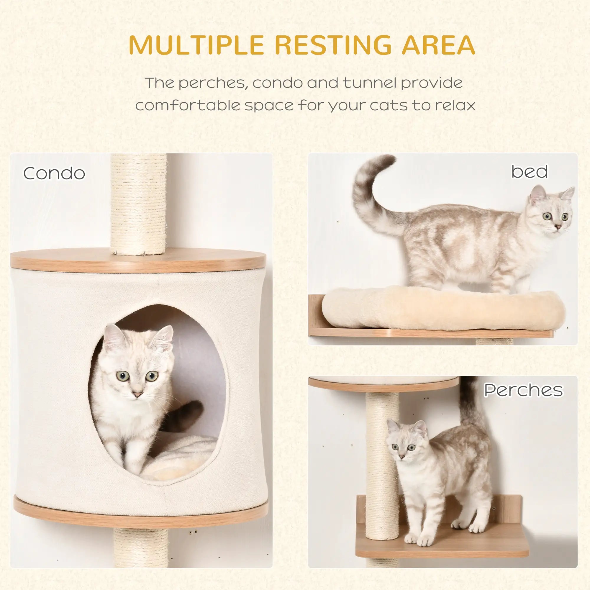 Wall-Mounted Cat Tree, with Cat House, Bed, Scratching Post - Beige