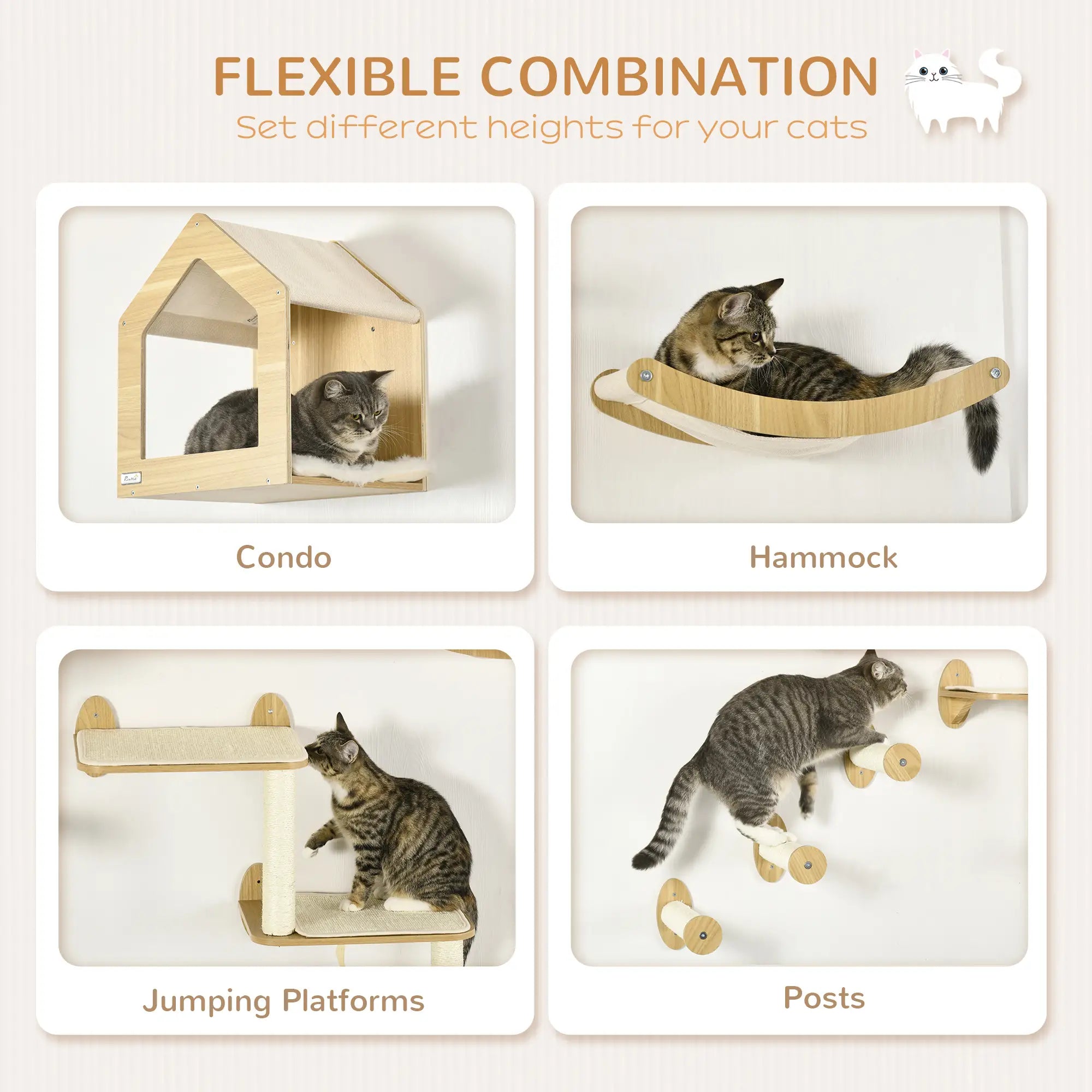 8 Piece Cat Shelves Set, with Cat House, Three Perches, Three Scratching Posts