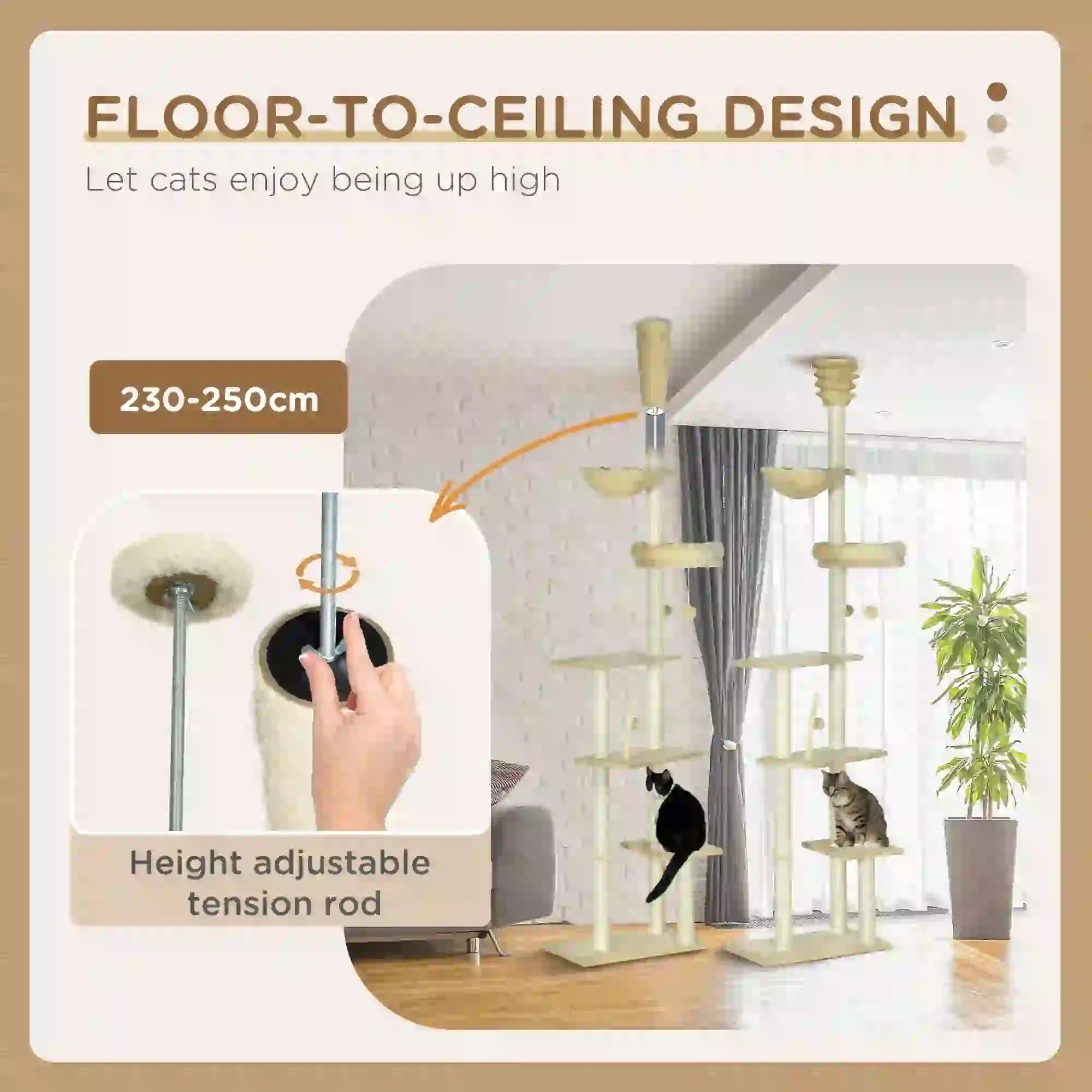 Floor to Ceiling Cat Tree for Indoor Cats, 6-Tier Play Tower Climbing Activity Center with Scratching Post, Platforms, Bed, Hammock, Adjustable Height 230-250cm, Beige