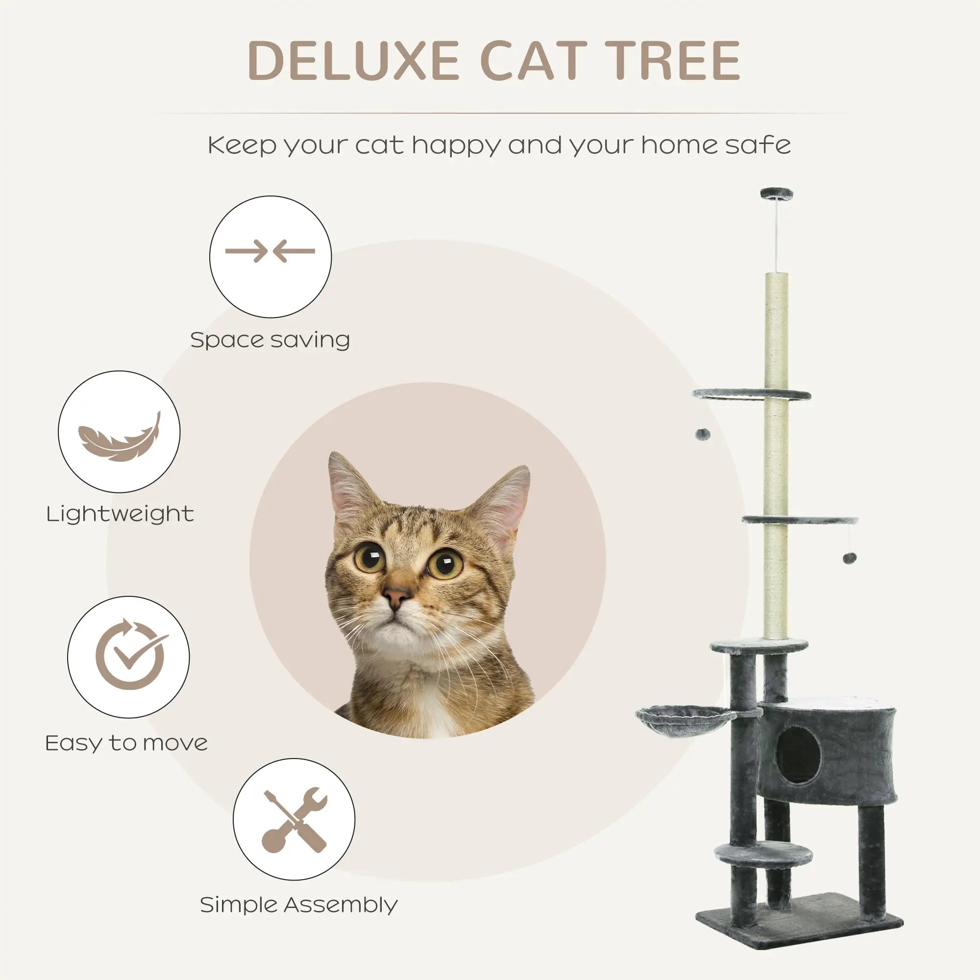 Floor to Ceiling Cat Tree for Indoor Cats Play Tower Climbing Activity Center Scratching Post Platforms Condo Adjustable Height 220-265cm Dark Grey