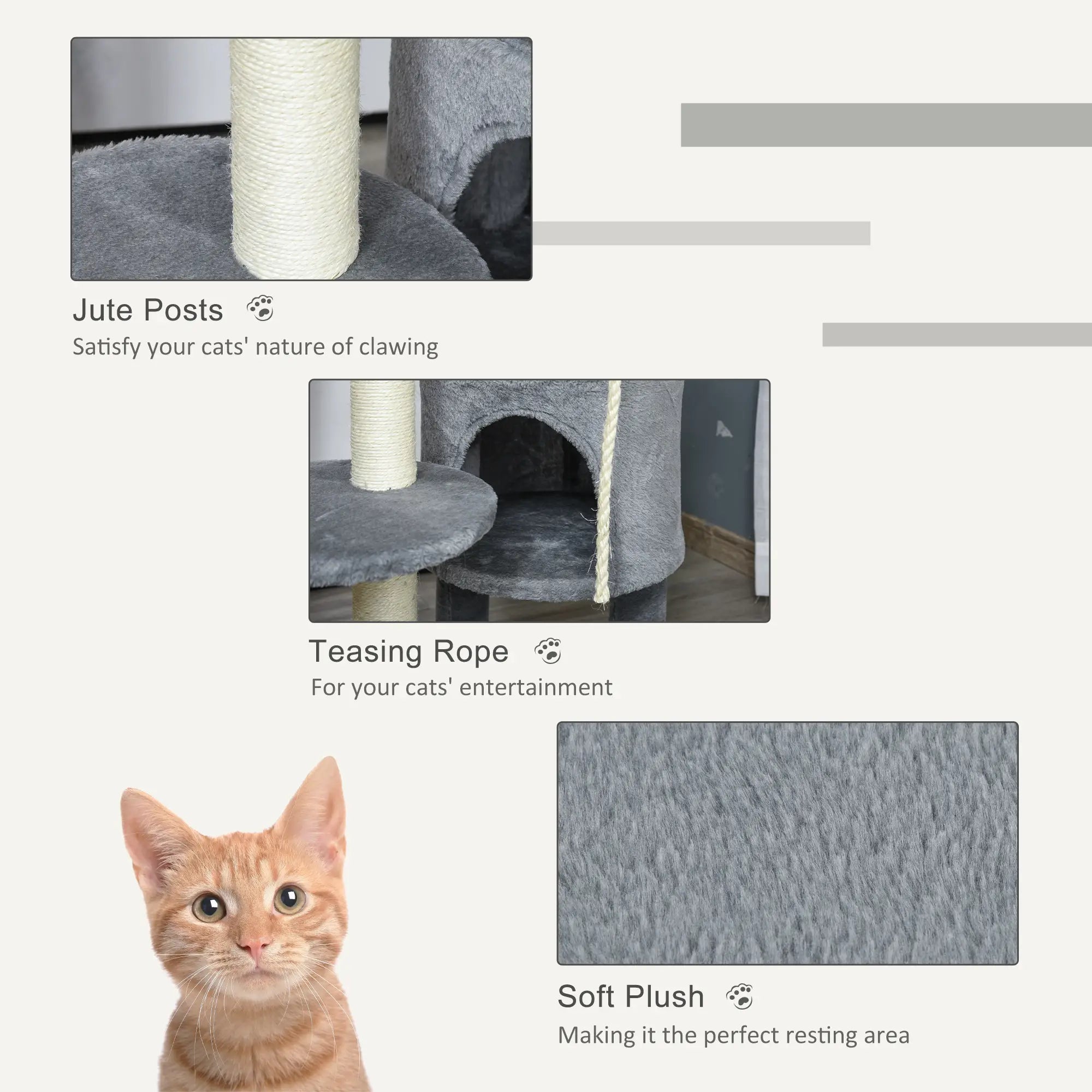 Cat Tree Tower for Indoor Cats 112cm Climbing Kitten Activity Center with Jute Scratching Post Perch Hanging Ball Toy Teasing Rope Dark grey