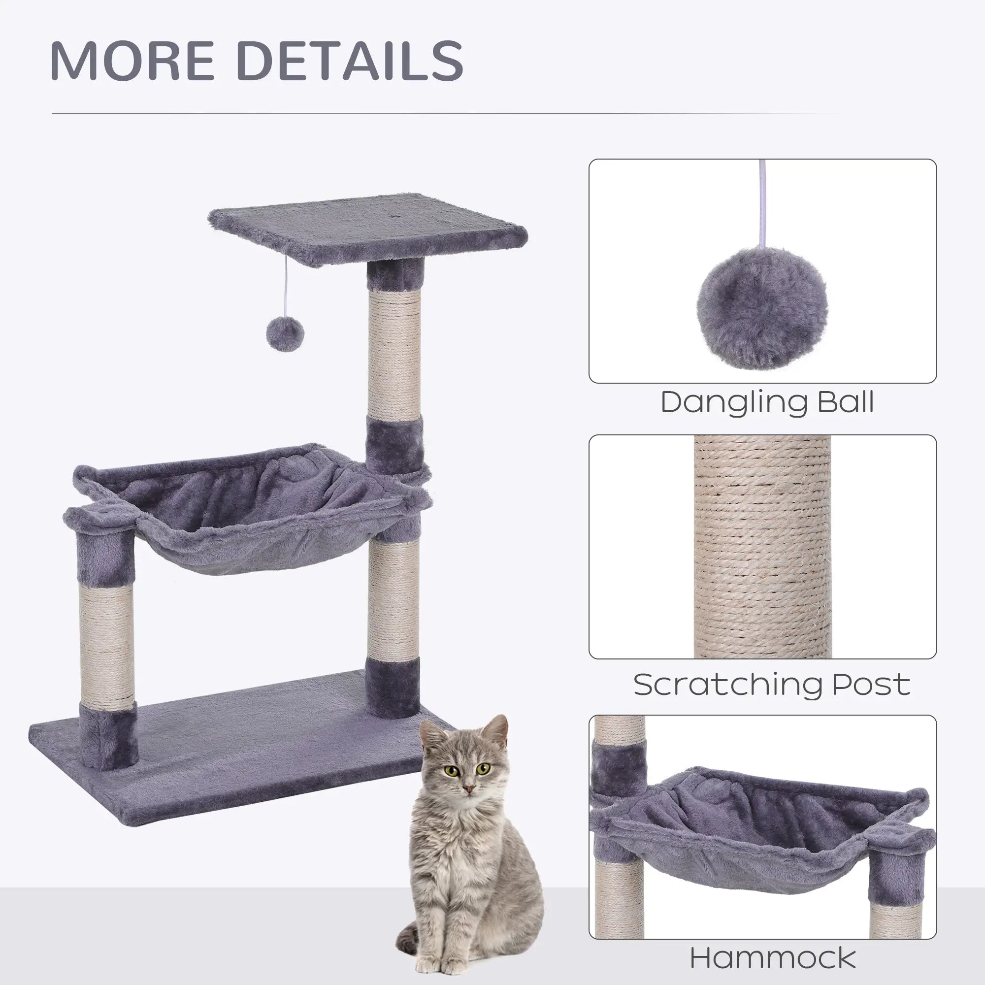 Cat Scratch Post with Bed Cat Tree for Indoor Cats Sisal Scratching Posts Hammock Kitty Activity Centre Grey