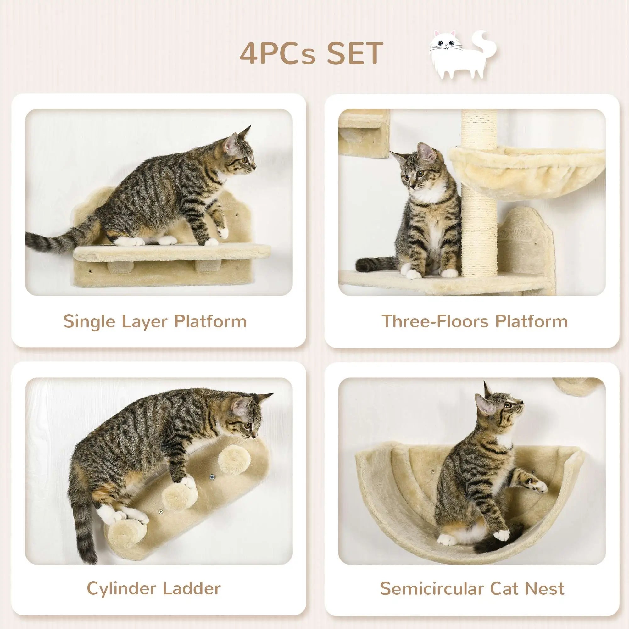 4PCs Wall-Mounted Cat Shelves w/ Scratching Post, Hammock, Nest - Beige