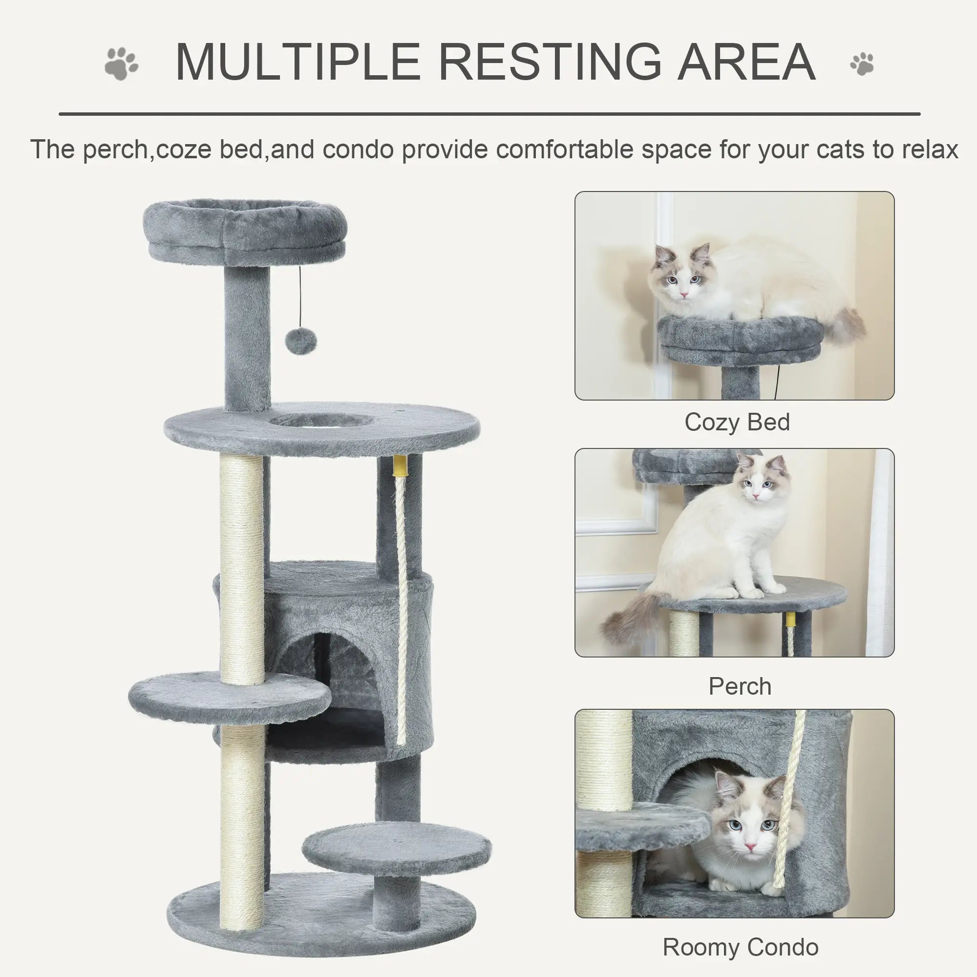 Cat Tree Tower for Indoor Cats 112cm Climbing Kitten Activity Center with Jute Scratching Post Perch Hanging Ball Toy Teasing Rope Dark grey