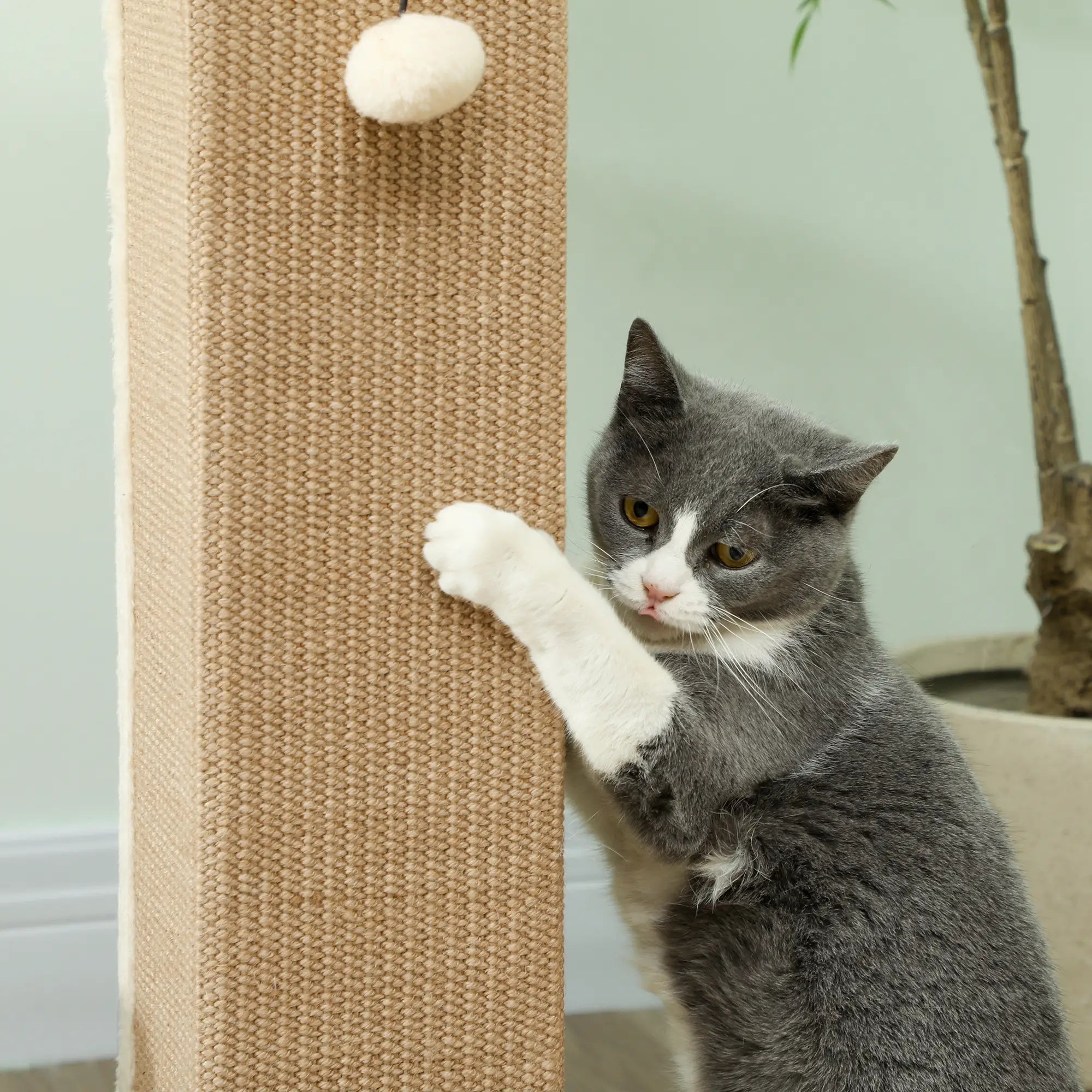 Cat Scratcher, Vertical Full Scratcher w/ Natural Jute Rope, Hanging Ball, Soft Plush - Beige