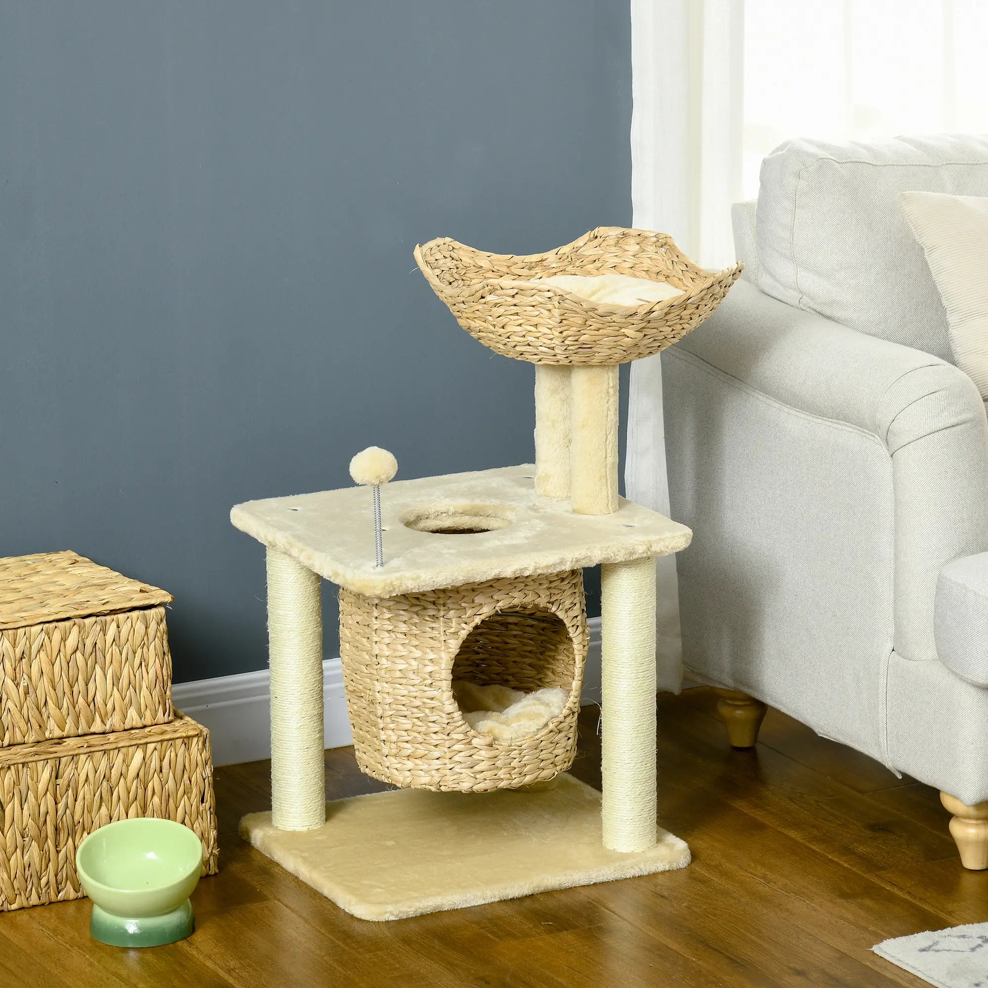 Cat Tree for Indoor Cats with Scratching Posts, Cat House, Bed, Toy Ball, Beige