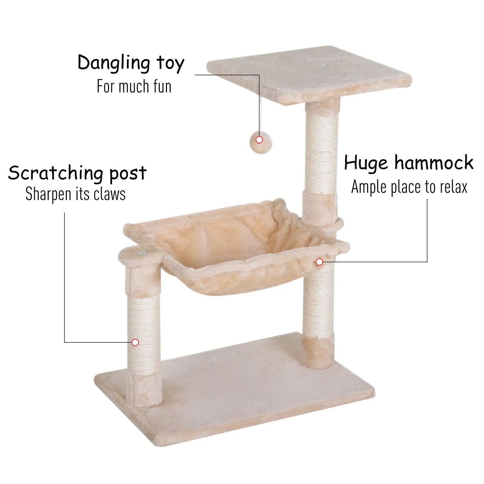 Scratch Post with Bed Cat Tree for Indoor Cats Sisal Scratching Posts Hammock Kitty Activity Centre Beige