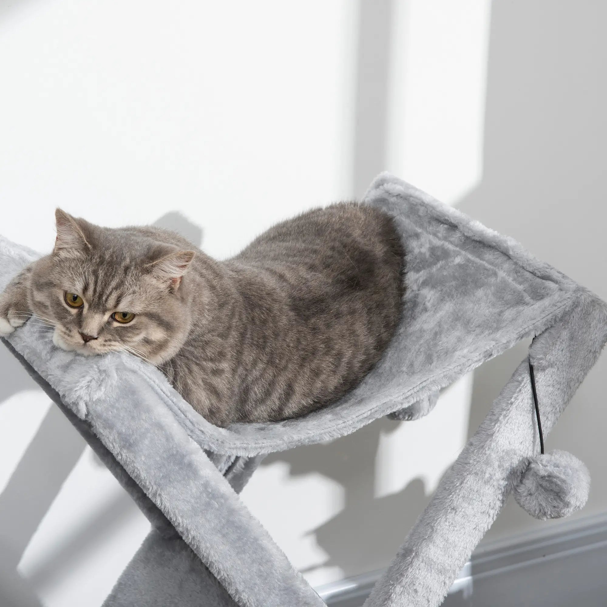 Two Tier Cat Tree for Indoor Cats Play Rest Activity Tower Plush Folding Relax Center w/ Scratching Post Hammock Pom Poms Grey