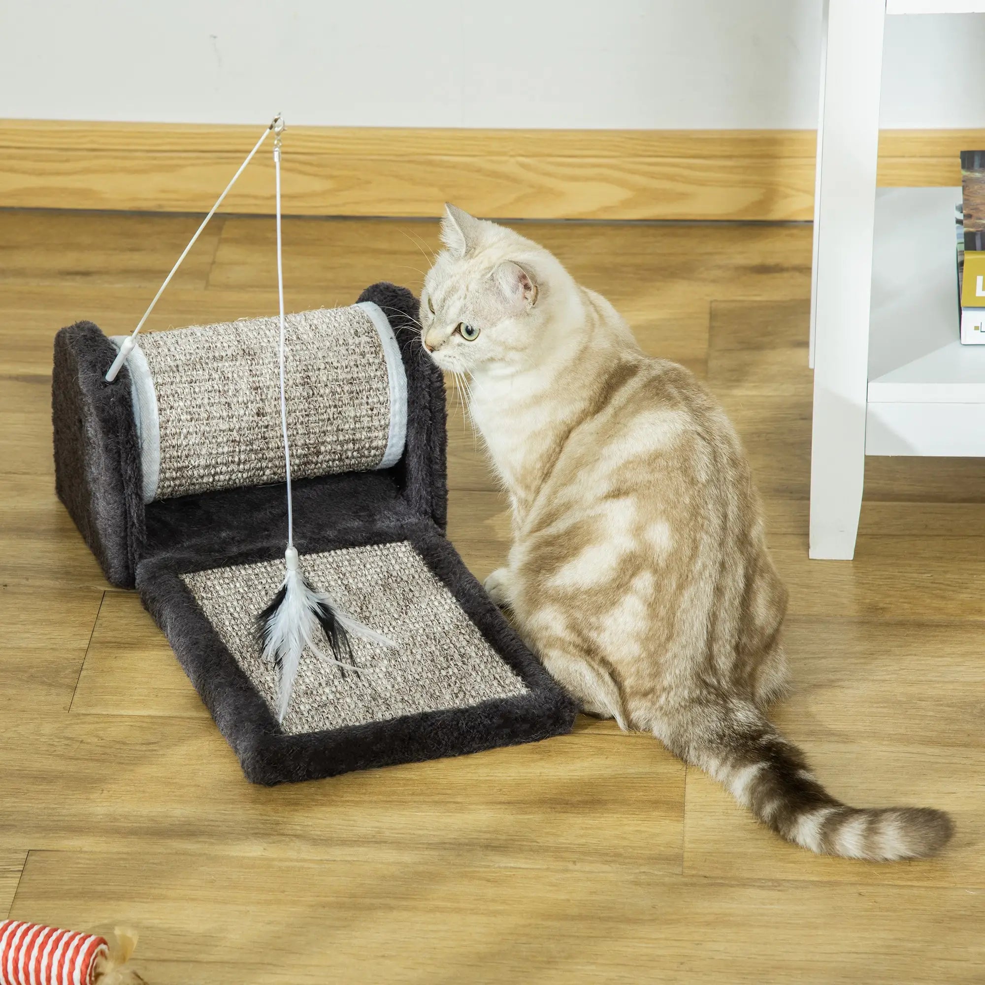 Cat Scratcher, Sisal Cat Scratching Board Mat Pad with Roller, Feather Toy, 44 x 24 x 16 cm, Grey
