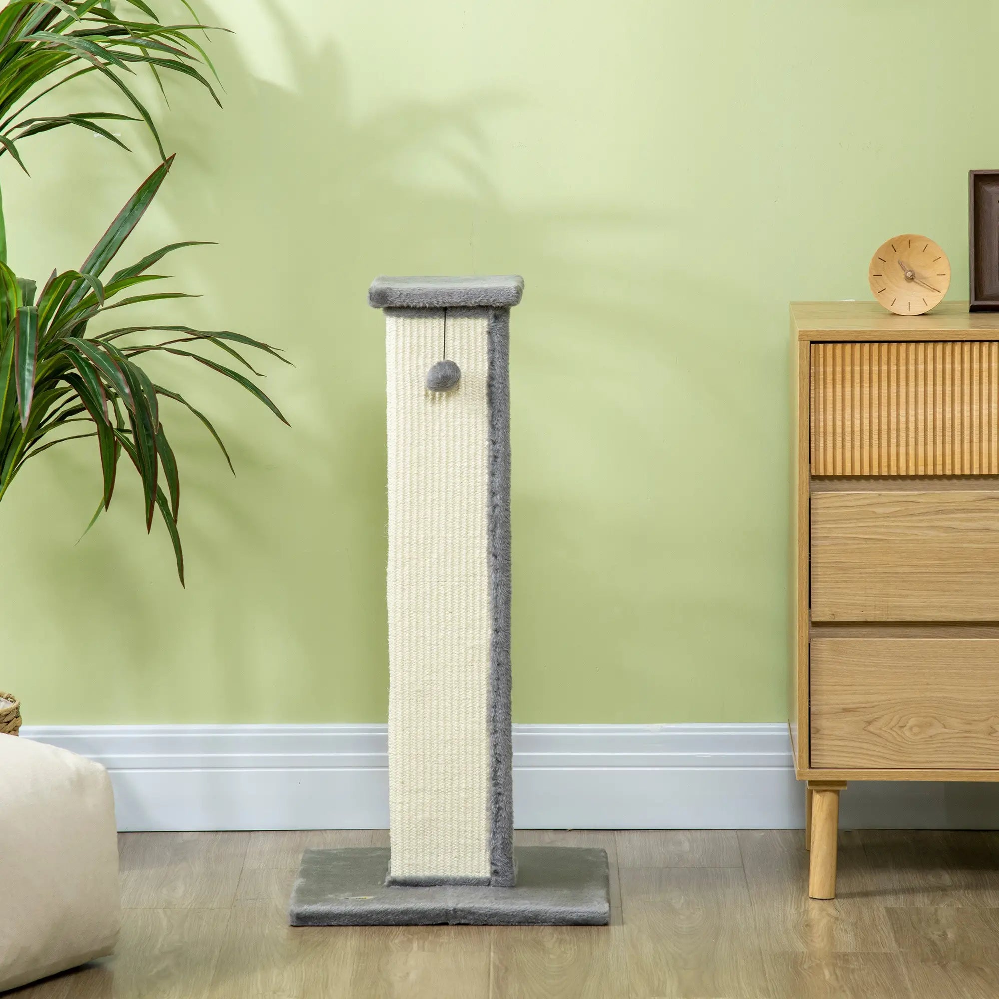 81cm Cat Scratcher, Vertical Full Scratcher w/ Natural Sisal Rope, Hanging Ball, Soft Plush - Grey