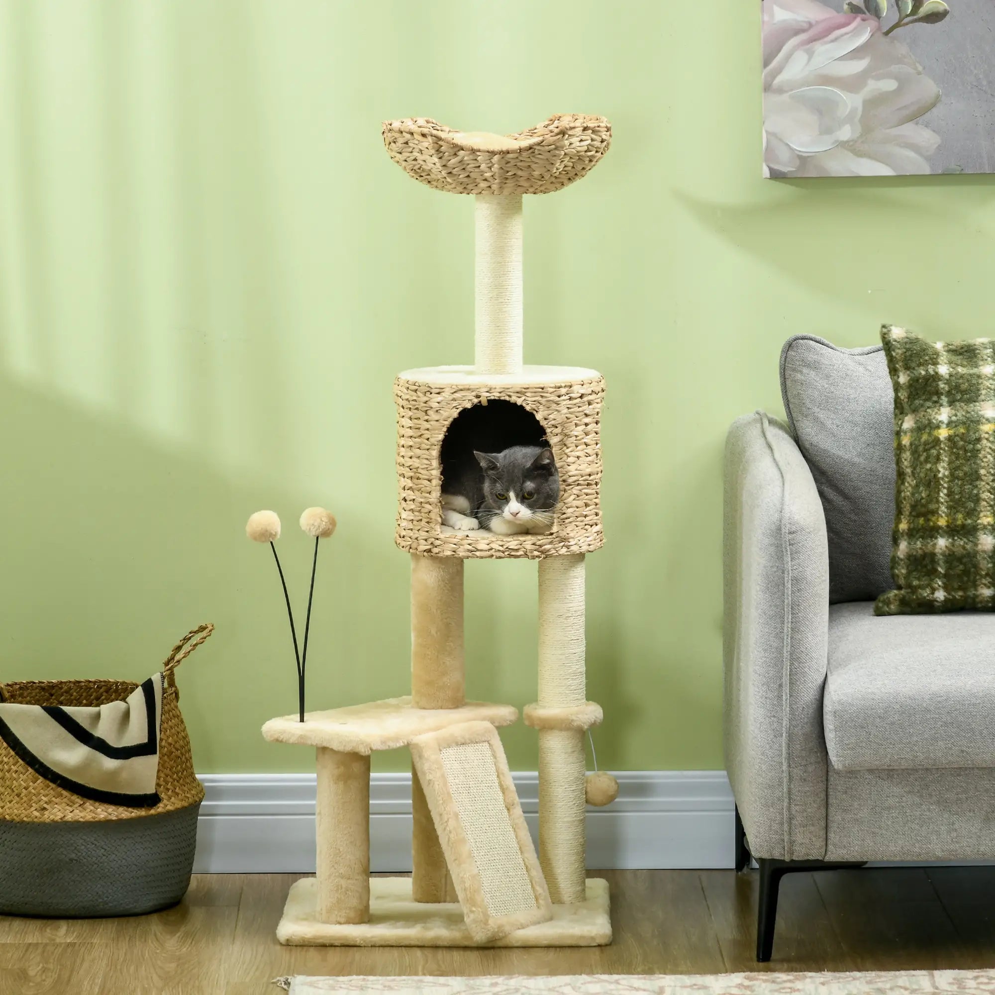 Cat Tree Tower with Scratching Post, Cat House, Bed, Toy Ball, Platform - Beige