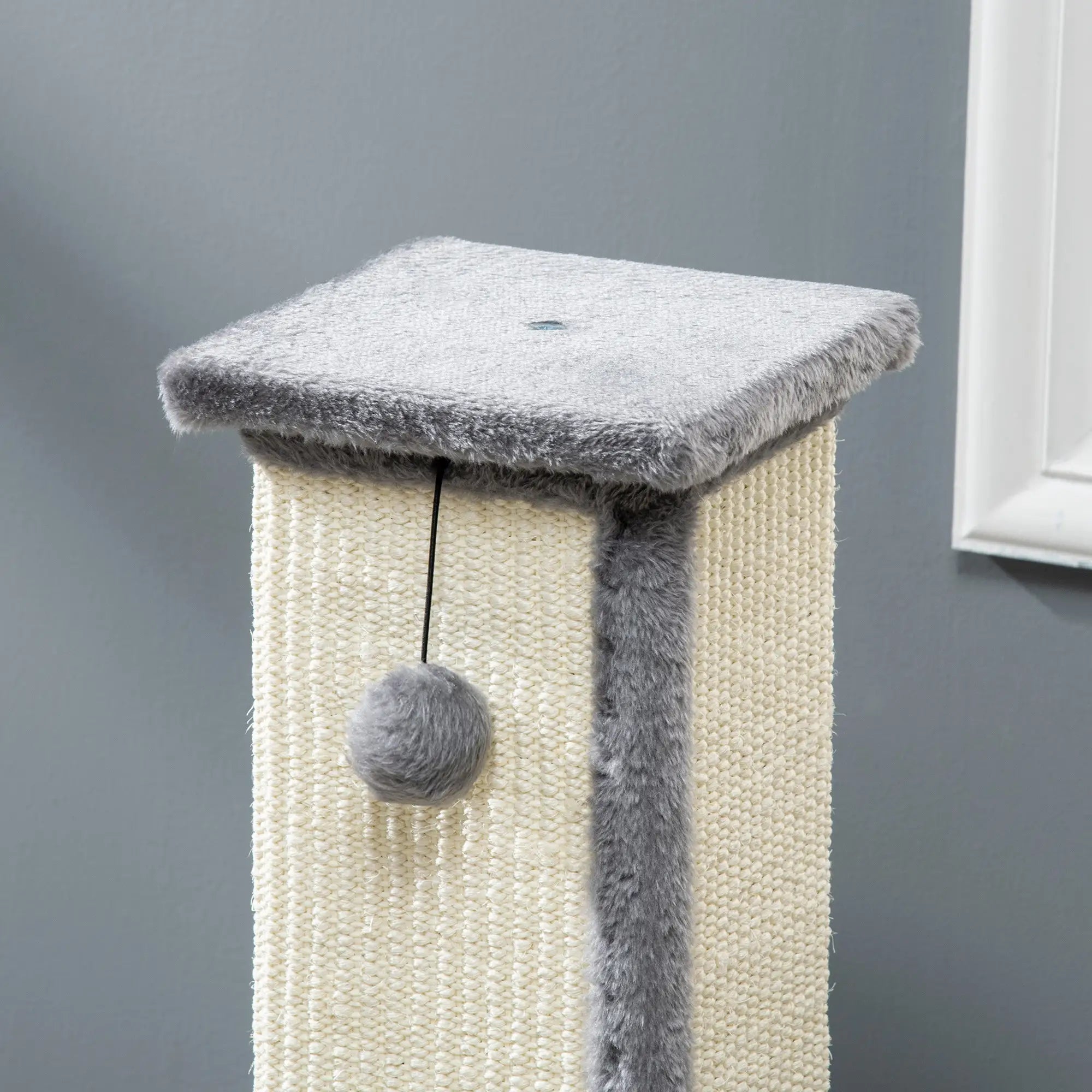 81cm Cat Scratcher, Vertical Full Scratcher w/ Natural Sisal Rope, Hanging Ball, Soft Plush - Grey