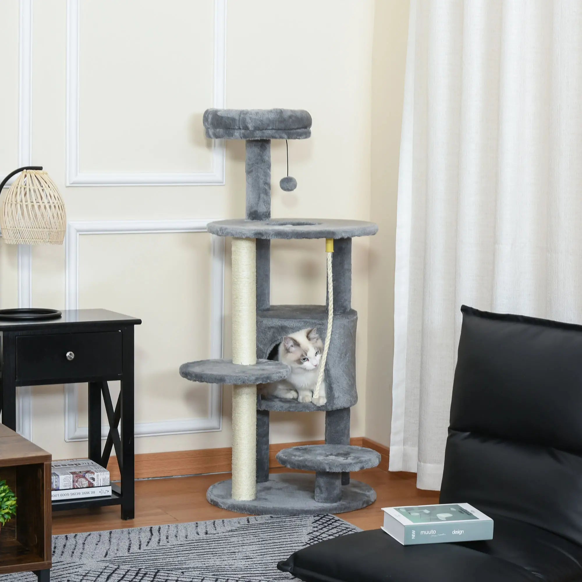 Cat Tree Tower for Indoor Cats 112cm Climbing Kitten Activity Center with Jute Scratching Post Perch Hanging Ball Toy Teasing Rope Dark grey