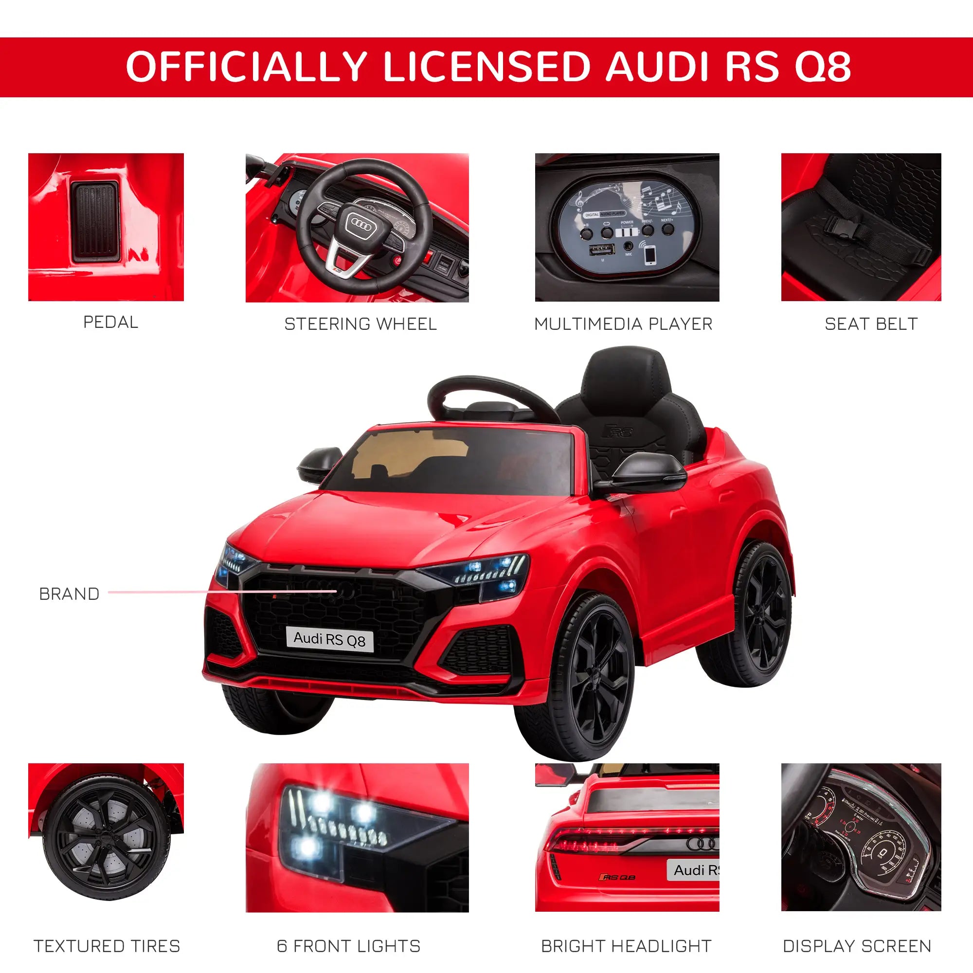 Audi RS Q8 Licensed Electric Car for Kids, 6V Kids' Electric Ride on with Remote Control, 7Ah Big Battery, Lights Bluetooth, Music USB MP3, for 3-5 Years Old, Red