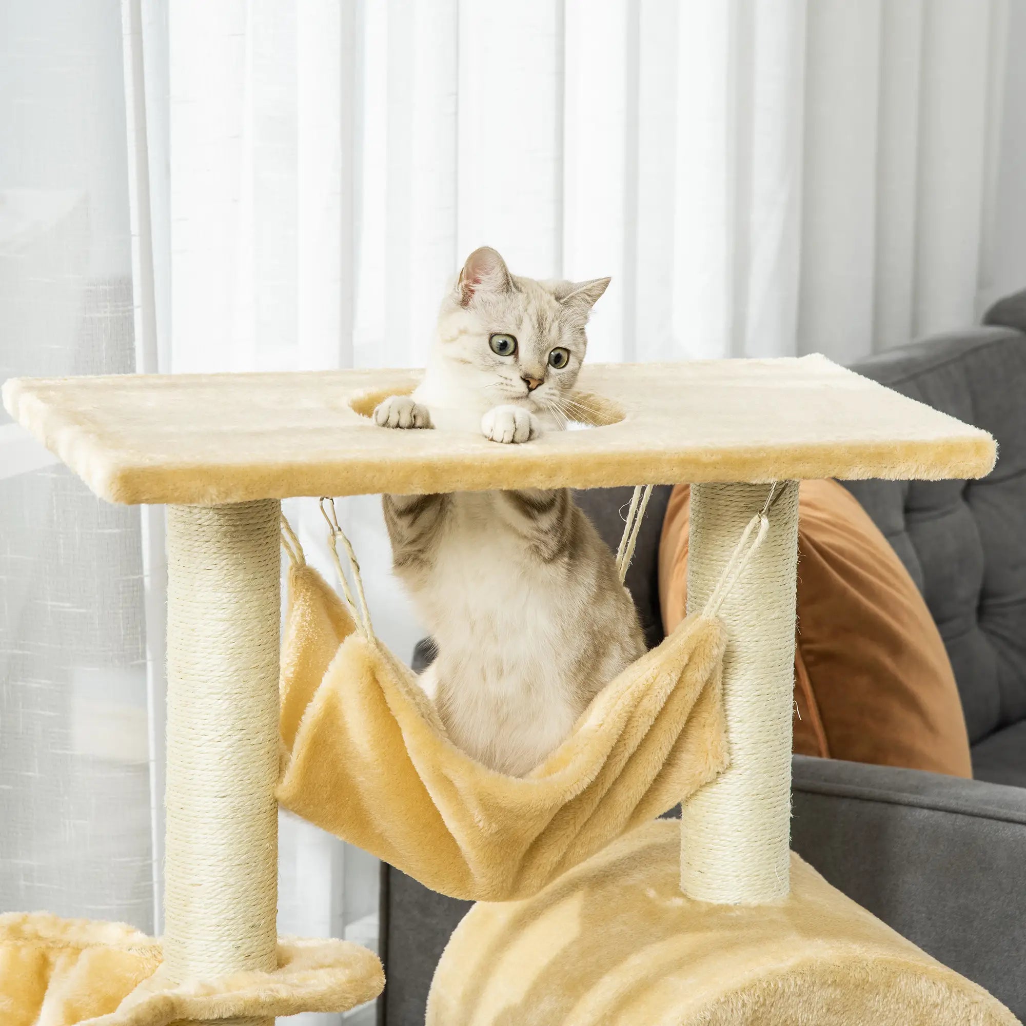 Cat Tree Tower for Indoor Cats Kitten Activity Centre Scratching Post w/ Hammock House Basket Ladder - Beige