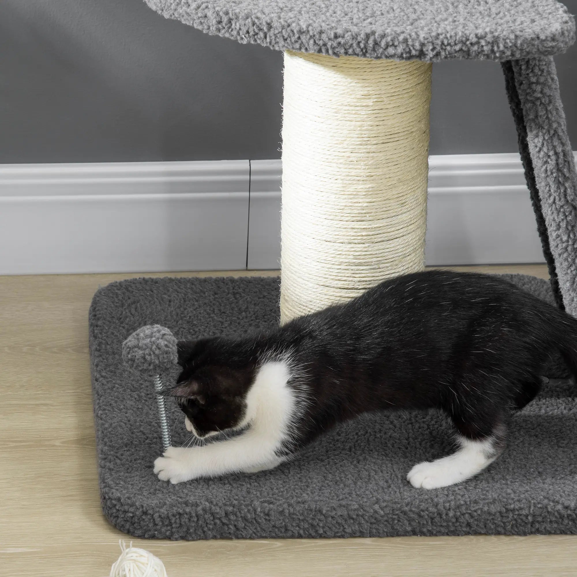 Cat Tree Tower with Scratching Posts, Pad, Bed, Toy Ball-Dark Grey