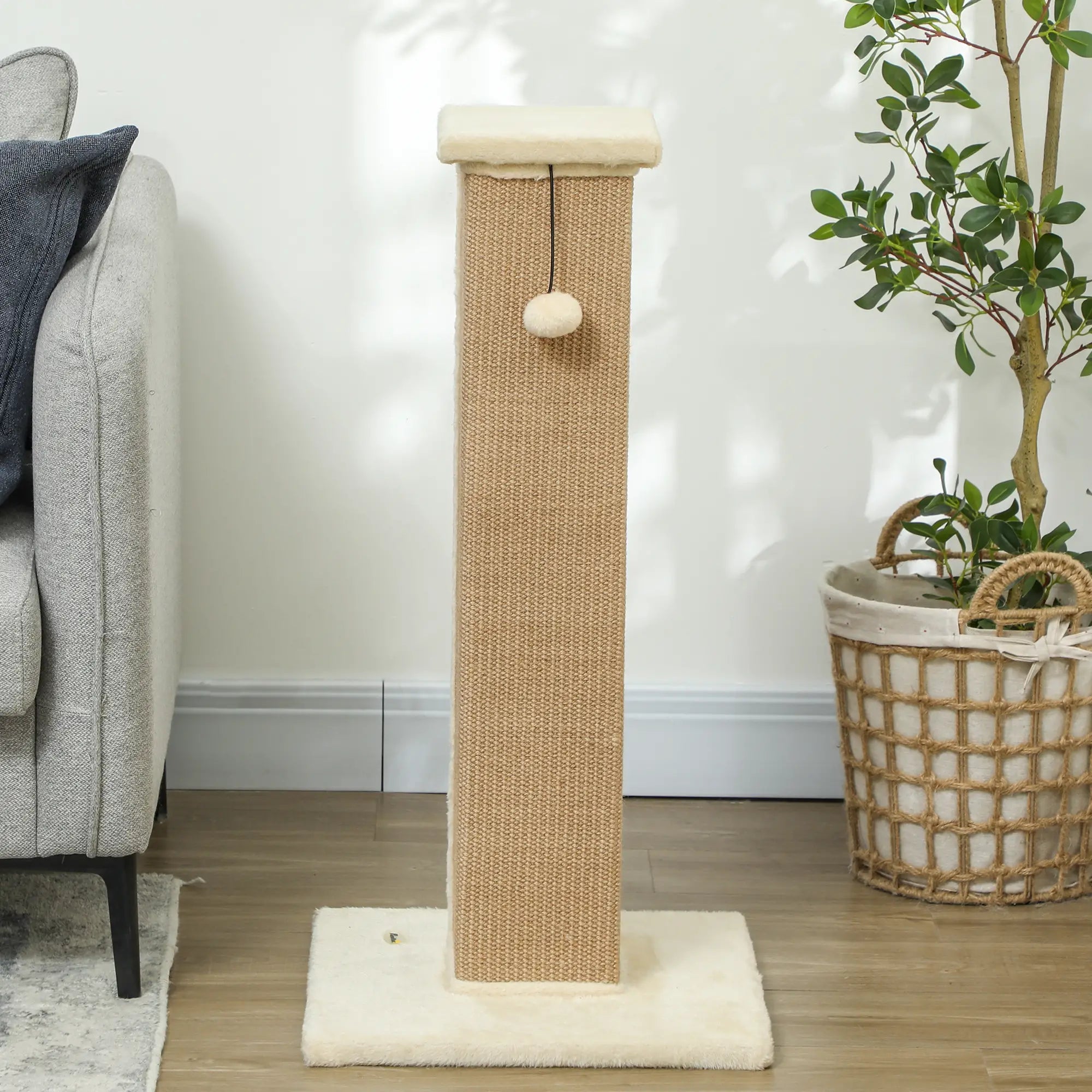 Cat Scratcher, Vertical Full Scratcher w/ Natural Jute Rope, Hanging Ball, Soft Plush - Beige