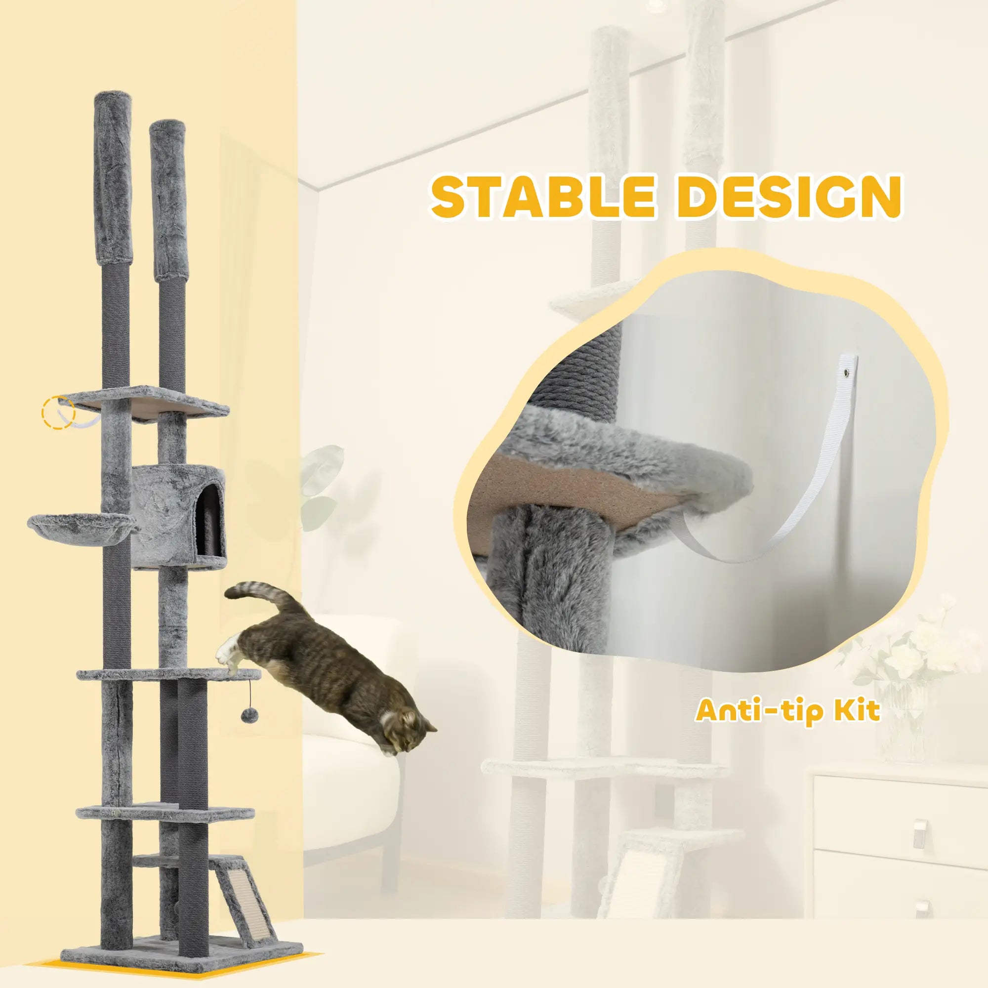 225-255cm Floor to Ceiling Cat Tree, Large Cat Tower w/ Cat Scratching Posts, Ramp, Cat House