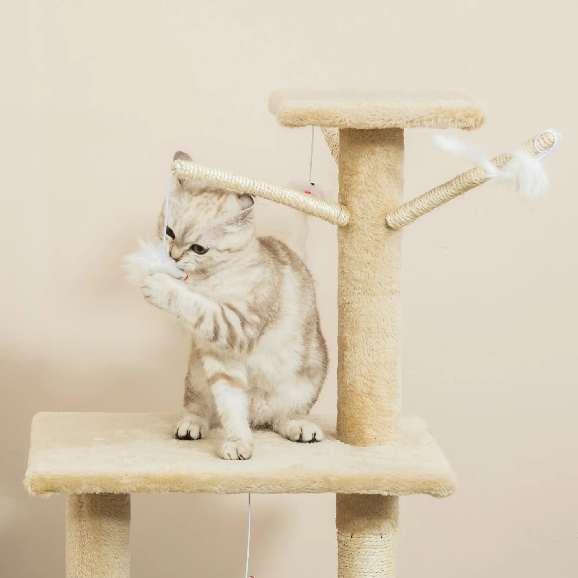 Cat Tree for Indoor Cats 135cm Kitten Tower Scratching Post Kitty Scratcher Climbing Tower with Ladder, Beige