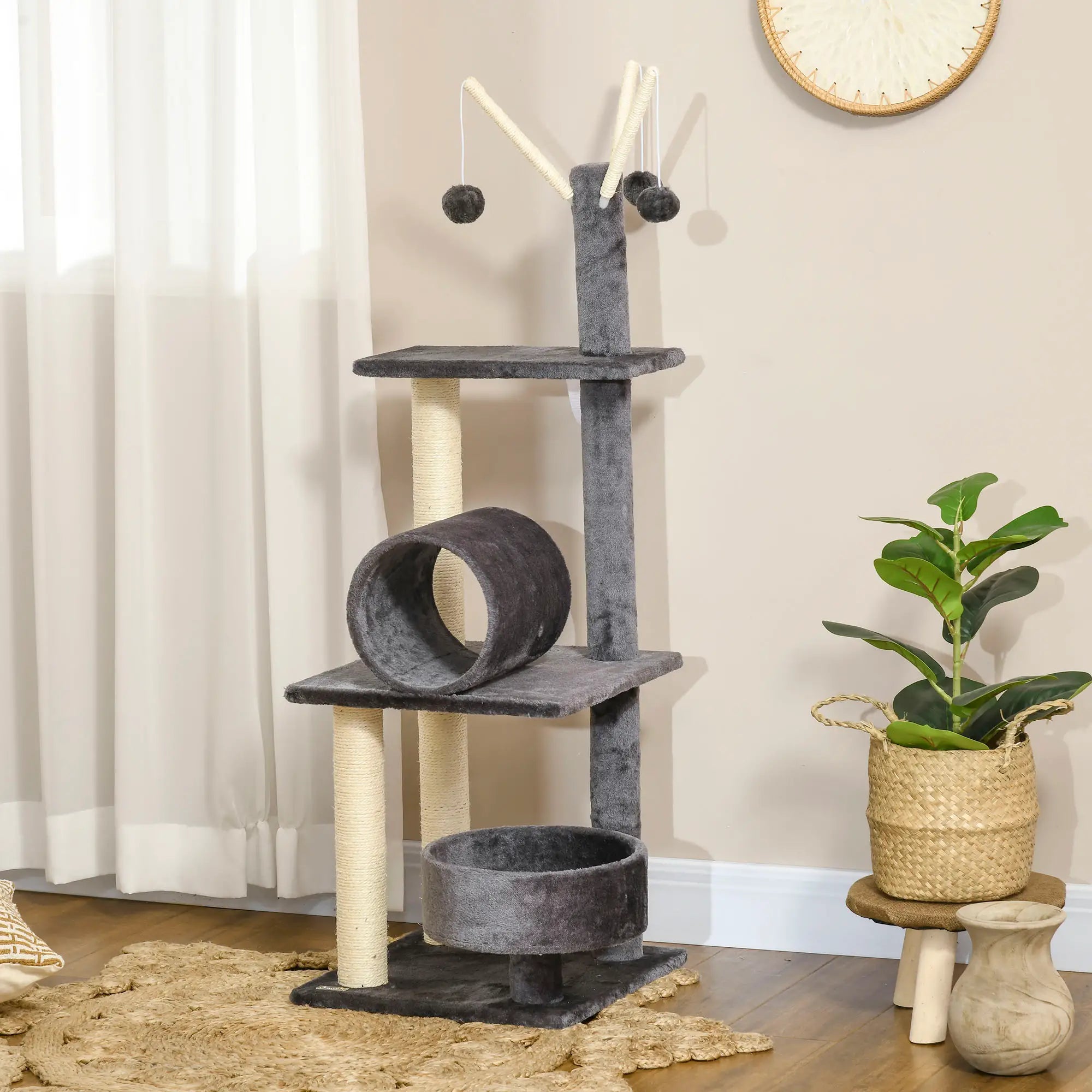 121cm Cat Tree Tower for Indoor Cats Kitten Activity Centre Scratching Post with Bed Tunnel Perch Interactive Ball Toy Grey