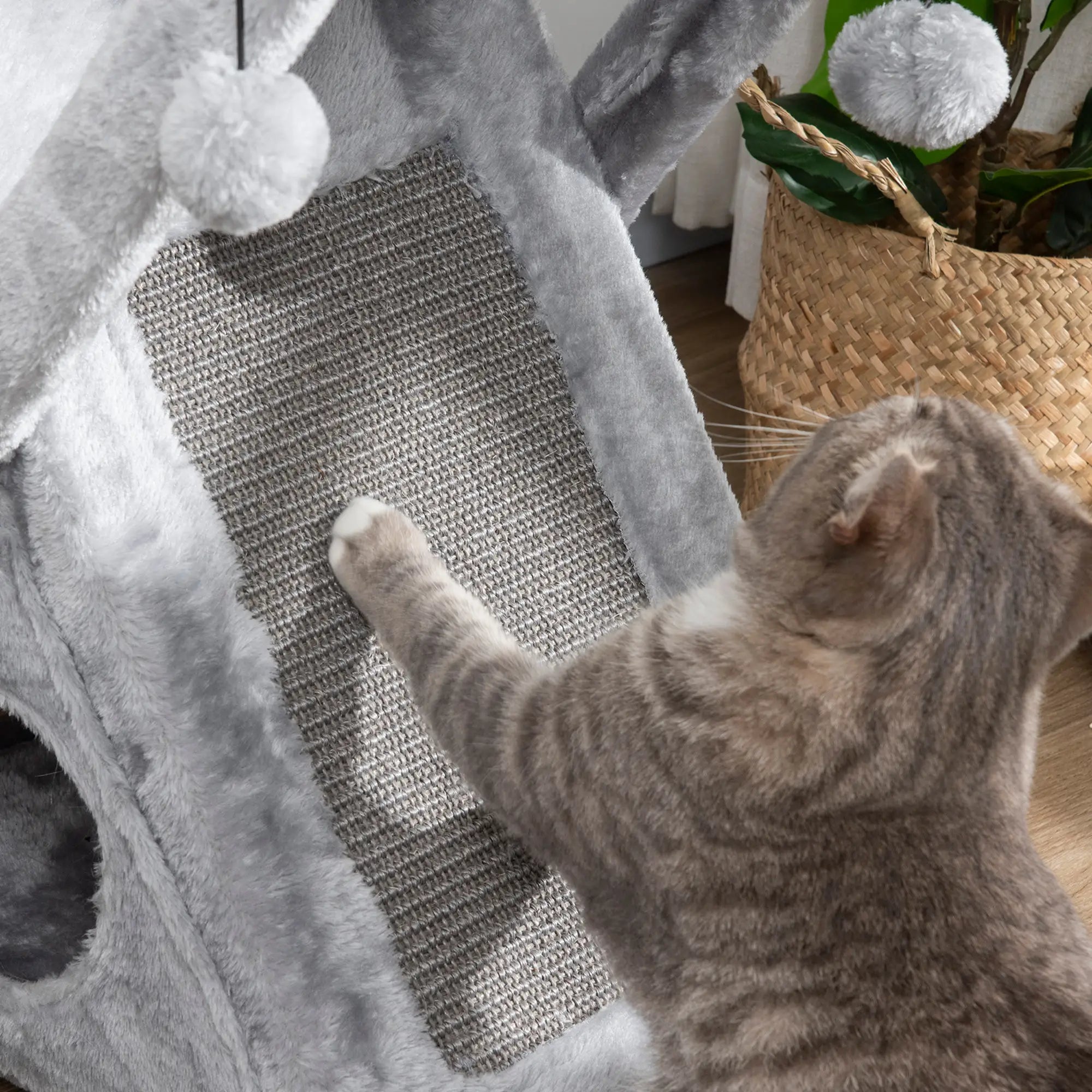 Two Tier Cat Tree for Indoor Cats Play Rest Activity Tower Plush Folding Relax Center w/ Scratching Post Hammock Pom Poms Grey