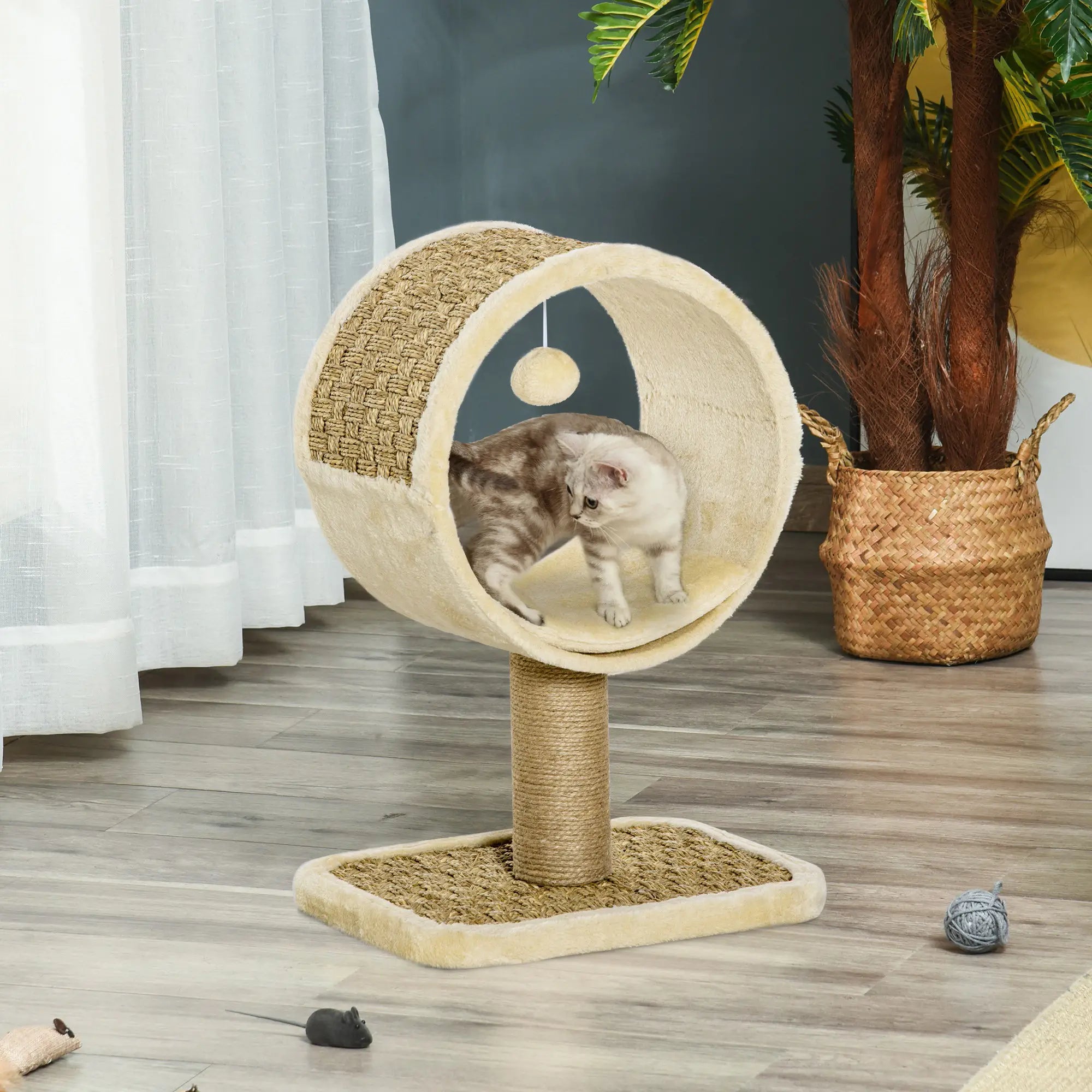 56cm Cat Tree for Indoor Cats, with Scratching Post, Tunnel, Toy Ball - Beige