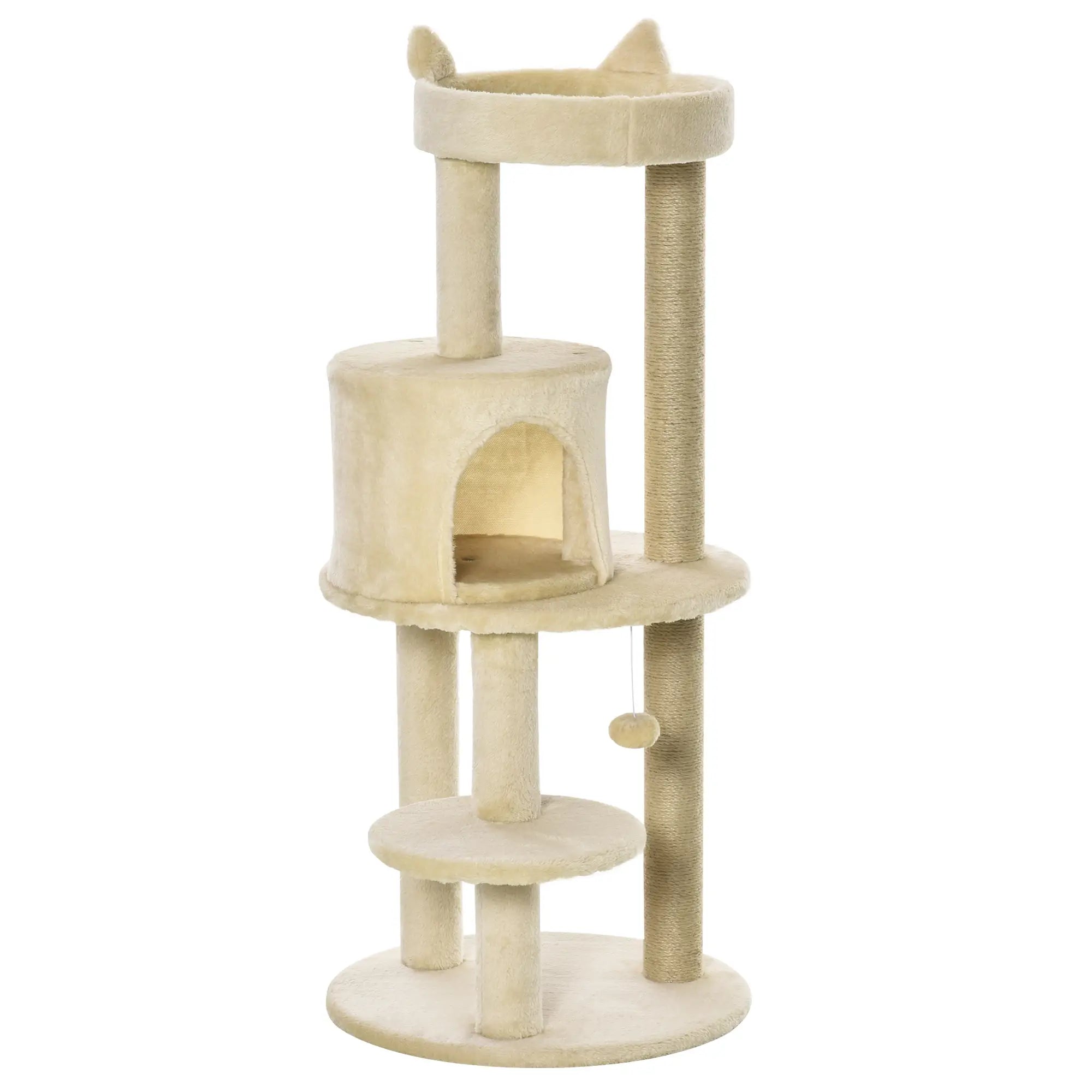 104 cm Cat Tree, Cat Condo Tree Tower, Cat Activity Centre with Scratching Posts, Plush Perch, Hanging Ball - Cream White