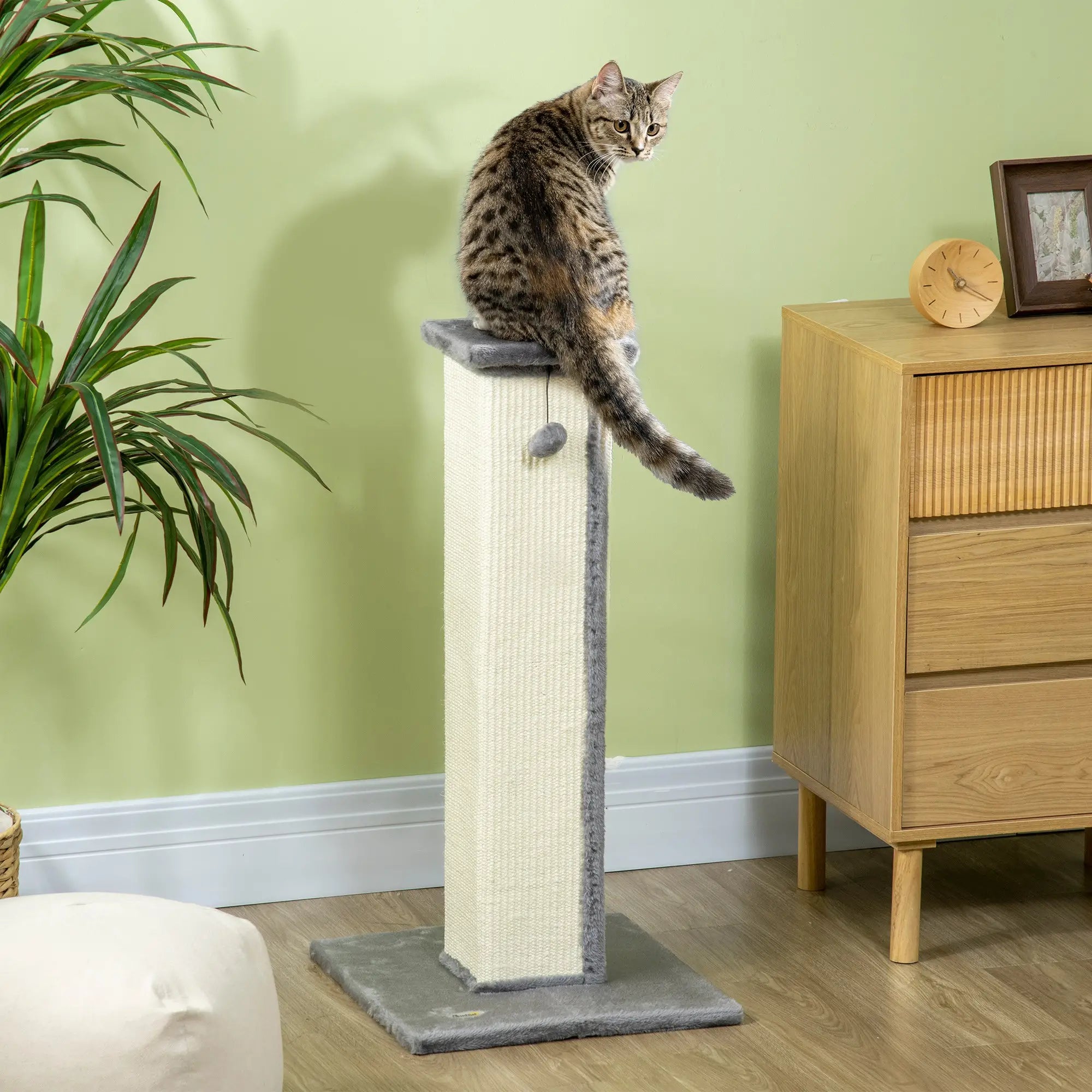 81cm Cat Scratcher, Vertical Full Scratcher w/ Natural Sisal Rope, Hanging Ball, Soft Plush - Grey
