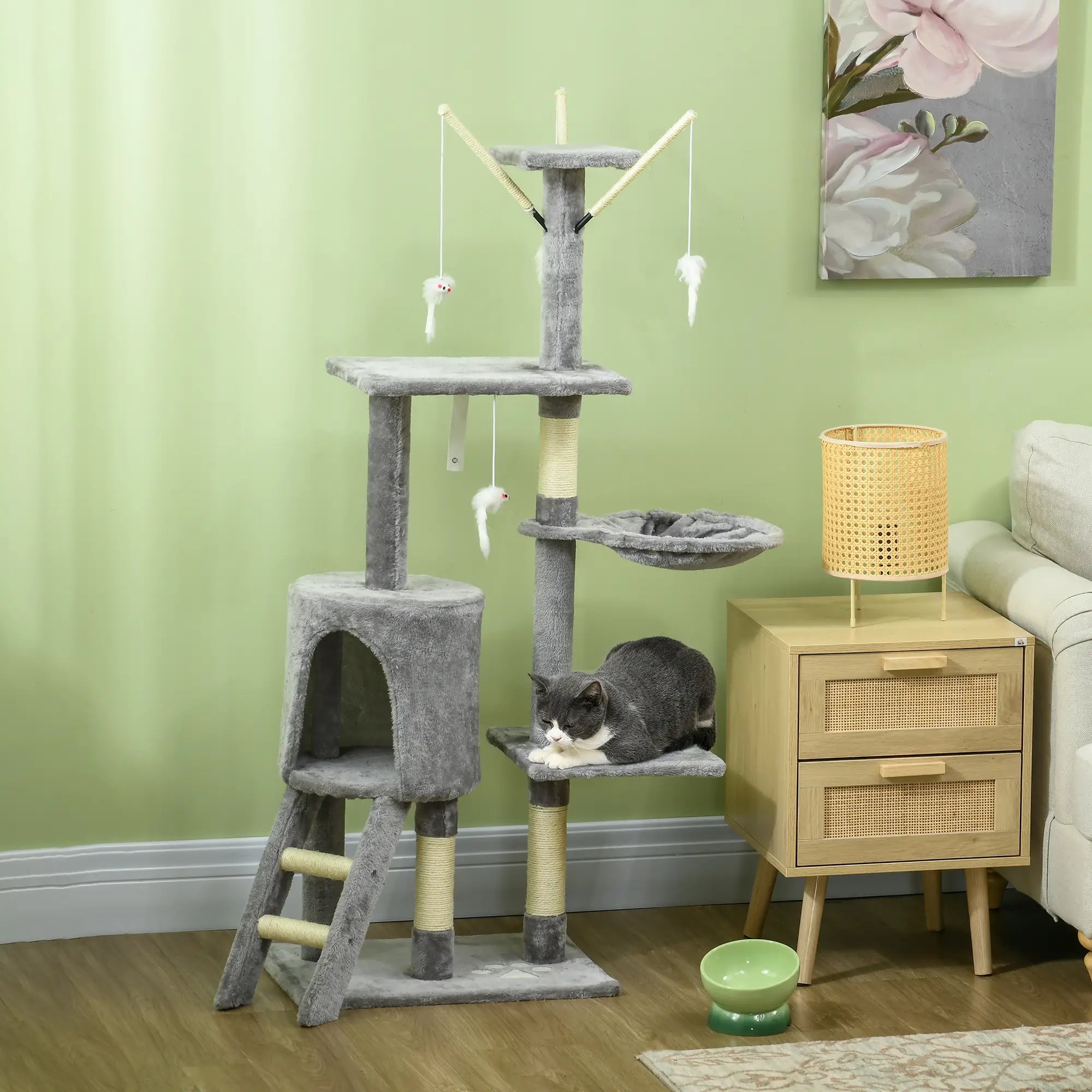 Cat Scratching Post Cat Tree for Indoor Cats Climbing Tower Scratcher w/ Ladder Kitty Activity Centre 135cm Grey