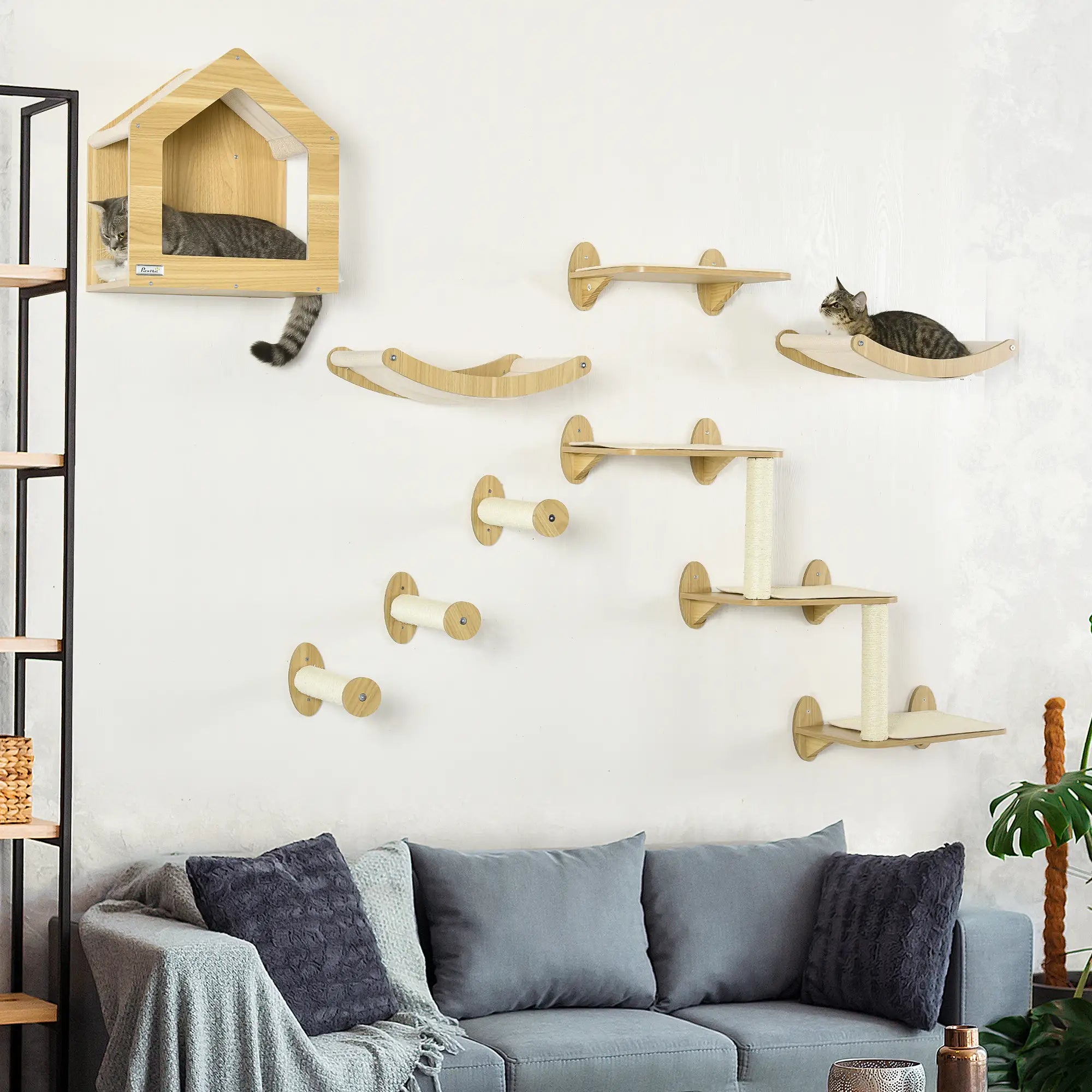 8 Piece Cat Shelves Set, with Cat House, Three Perches, Three Scratching Posts