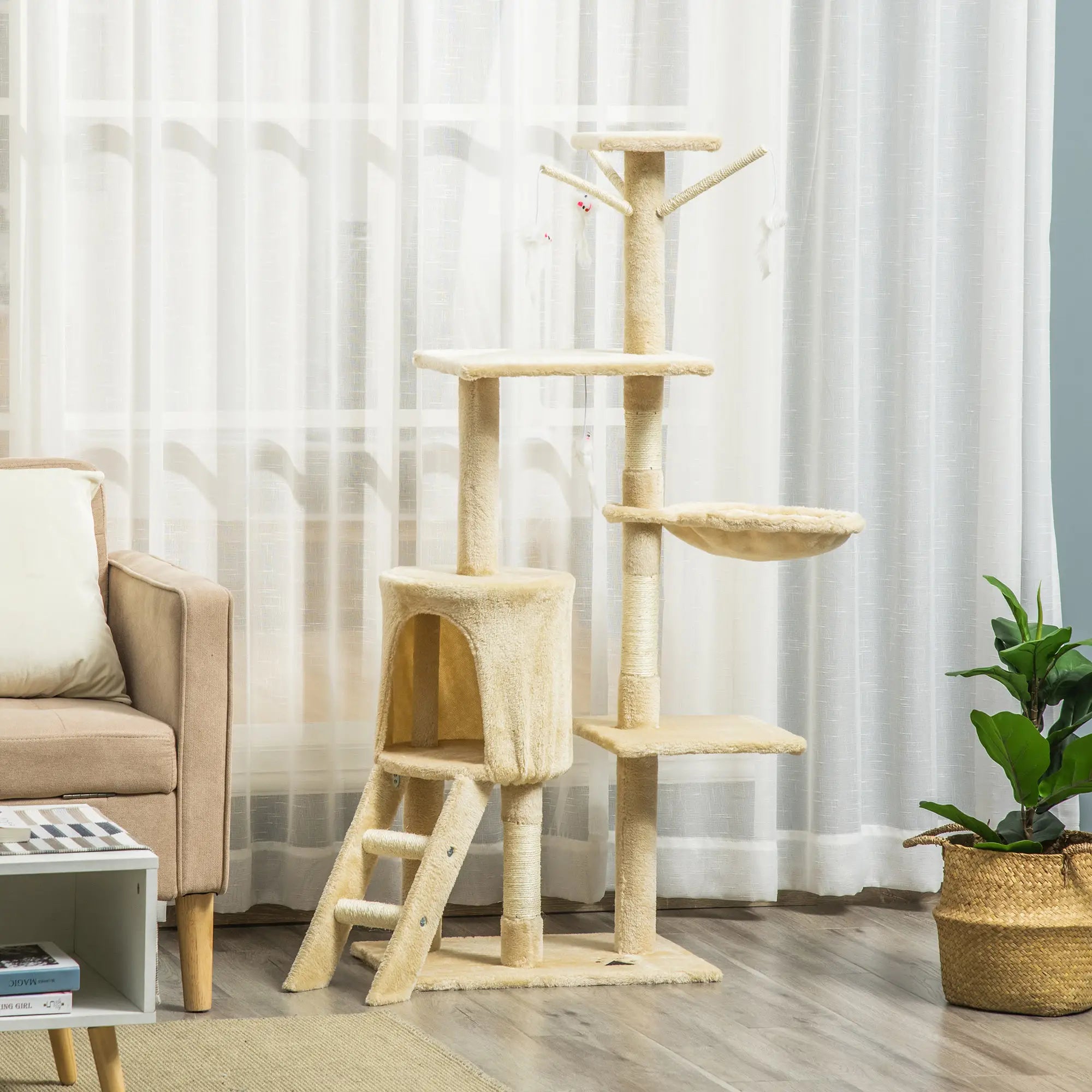 Cat Tree for Indoor Cats 135cm Kitten Tower Scratching Post Kitty Scratcher Climbing Tower with Ladder, Beige