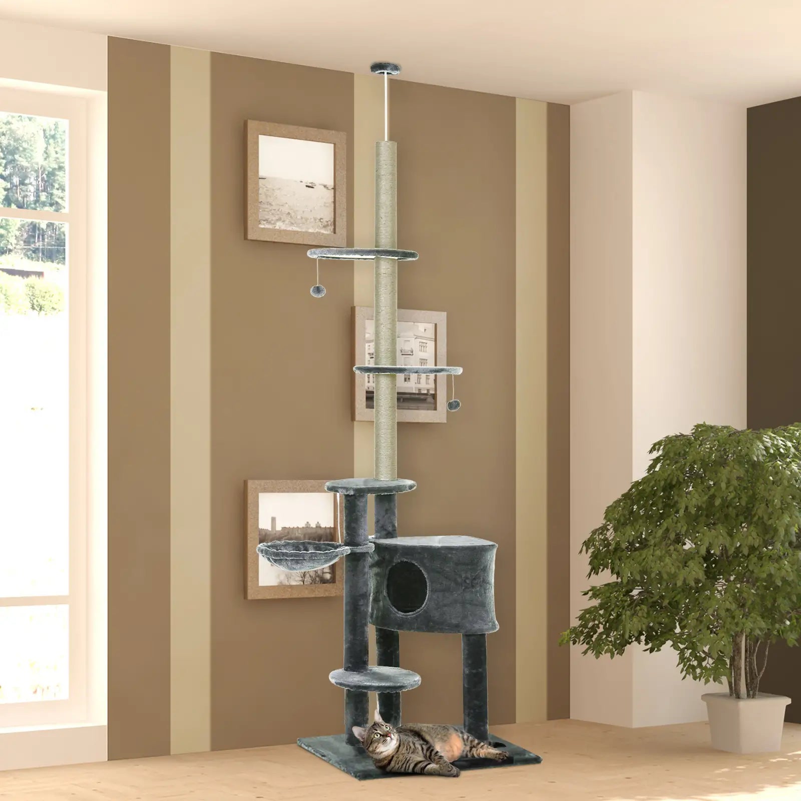 Floor to Ceiling Cat Tree for Indoor Cats Play Tower Climbing Activity Center Scratching Post Platforms Condo Adjustable Height 220-265cm Dark Grey