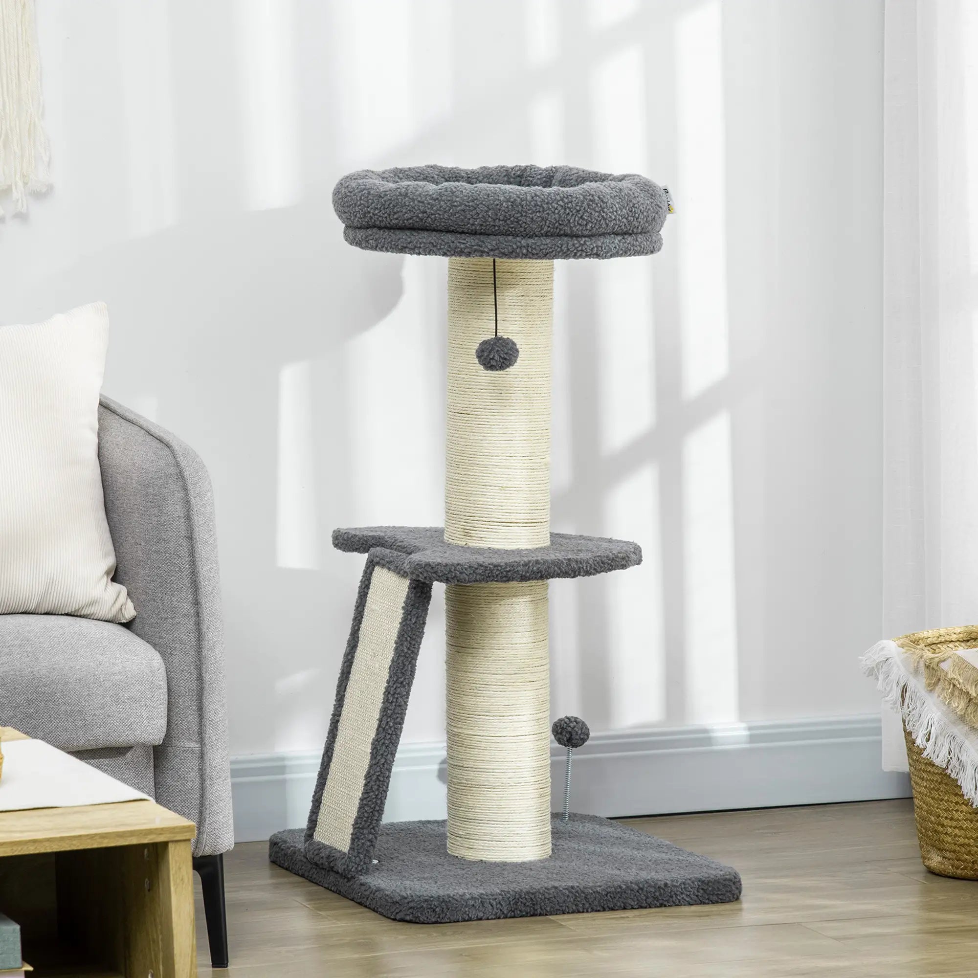 Cat Tree Tower with Scratching Posts, Pad, Bed, Toy Ball-Dark Grey