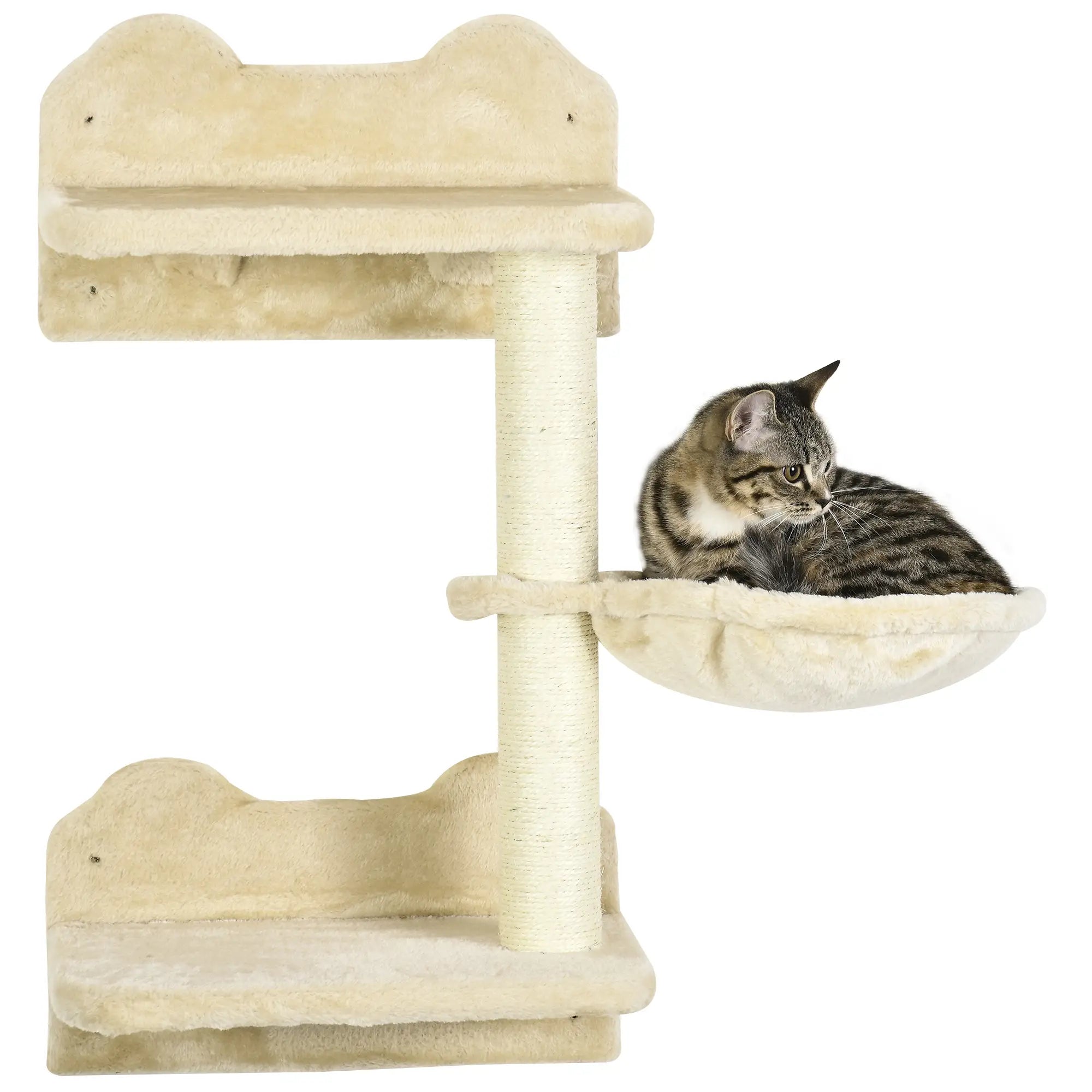 4 Piece Cat Shelf with Scratching Post, Wall-Mounted Cat Tree for Indoor Cat - Beige