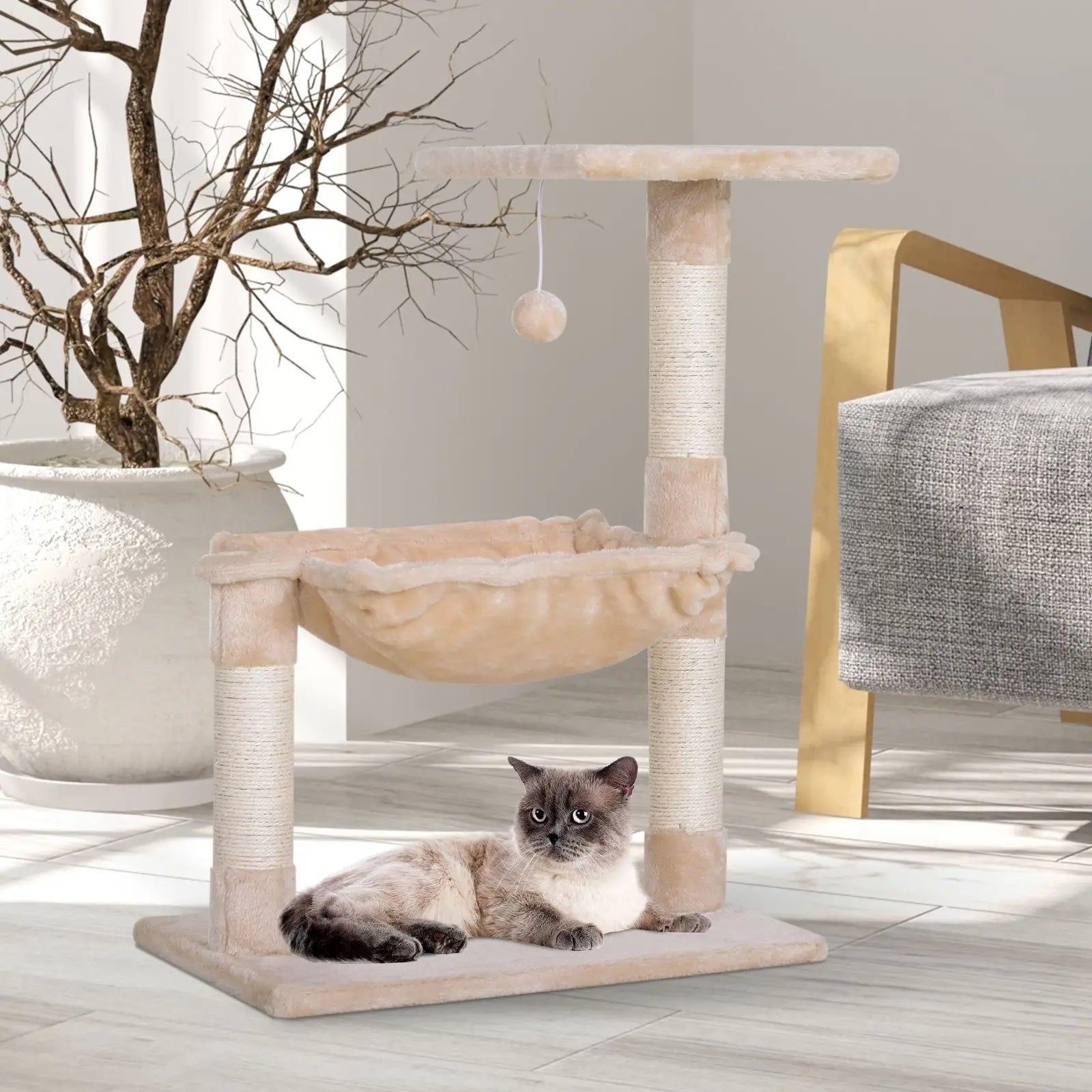 Scratch Post with Bed Cat Tree for Indoor Cats Sisal Scratching Posts Hammock Kitty Activity Centre Beige