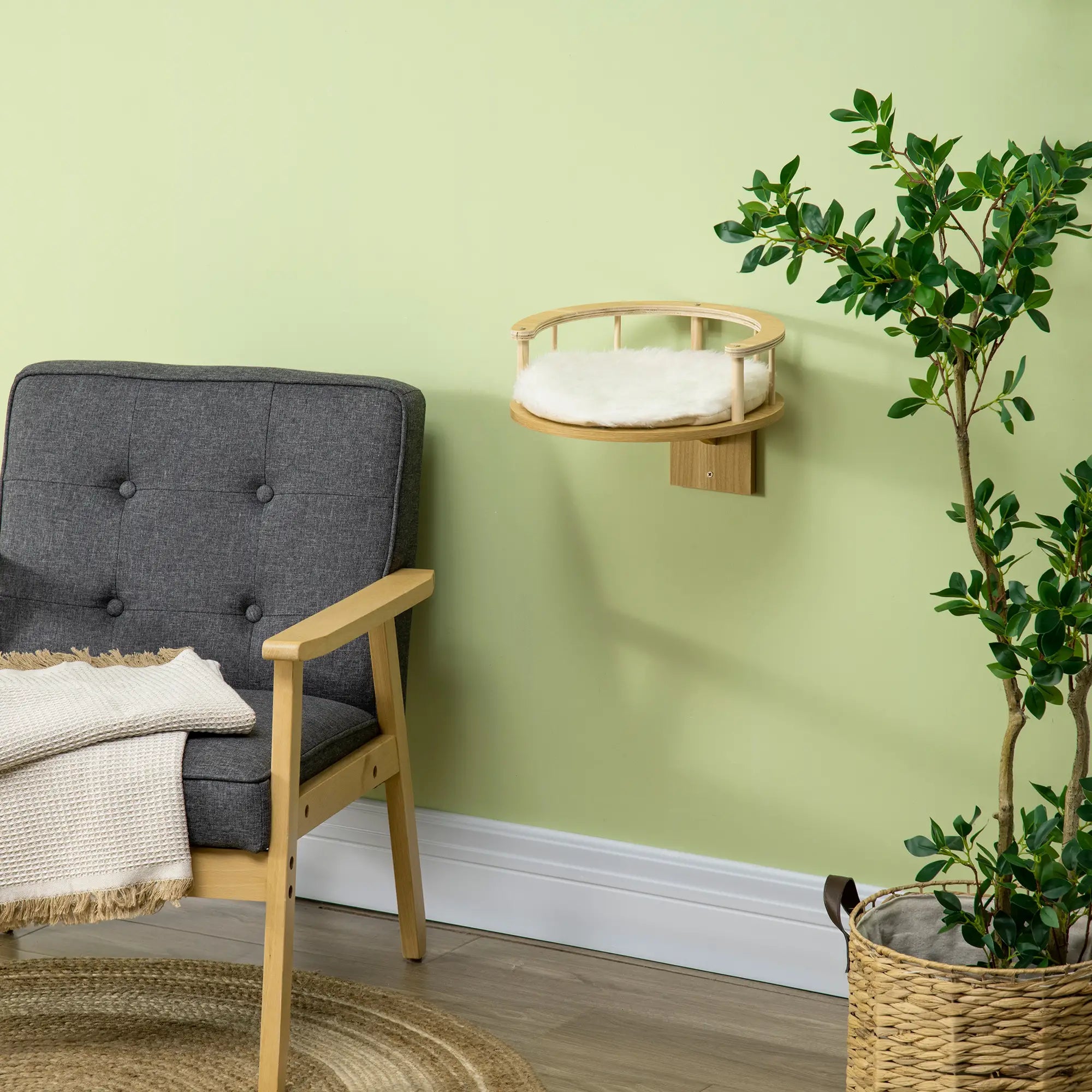 Wall-Mounted Cat Shelf with Cushion, Guardrails, 34 x 34 x 10.5cm