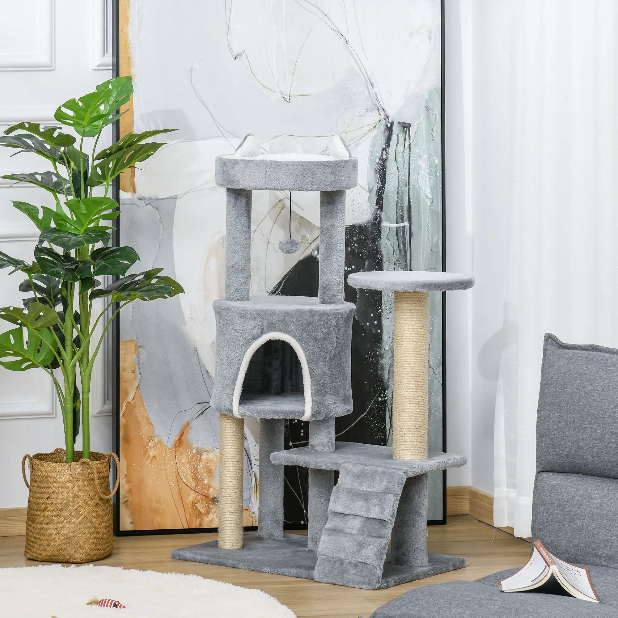 100 cm Cat Tree, Cat Condo Tree Tower for Indoor Cats, Cat Activity Centre with Scratching Posts, Plush Perch, Ladder, Hanging Ball - Light Grey