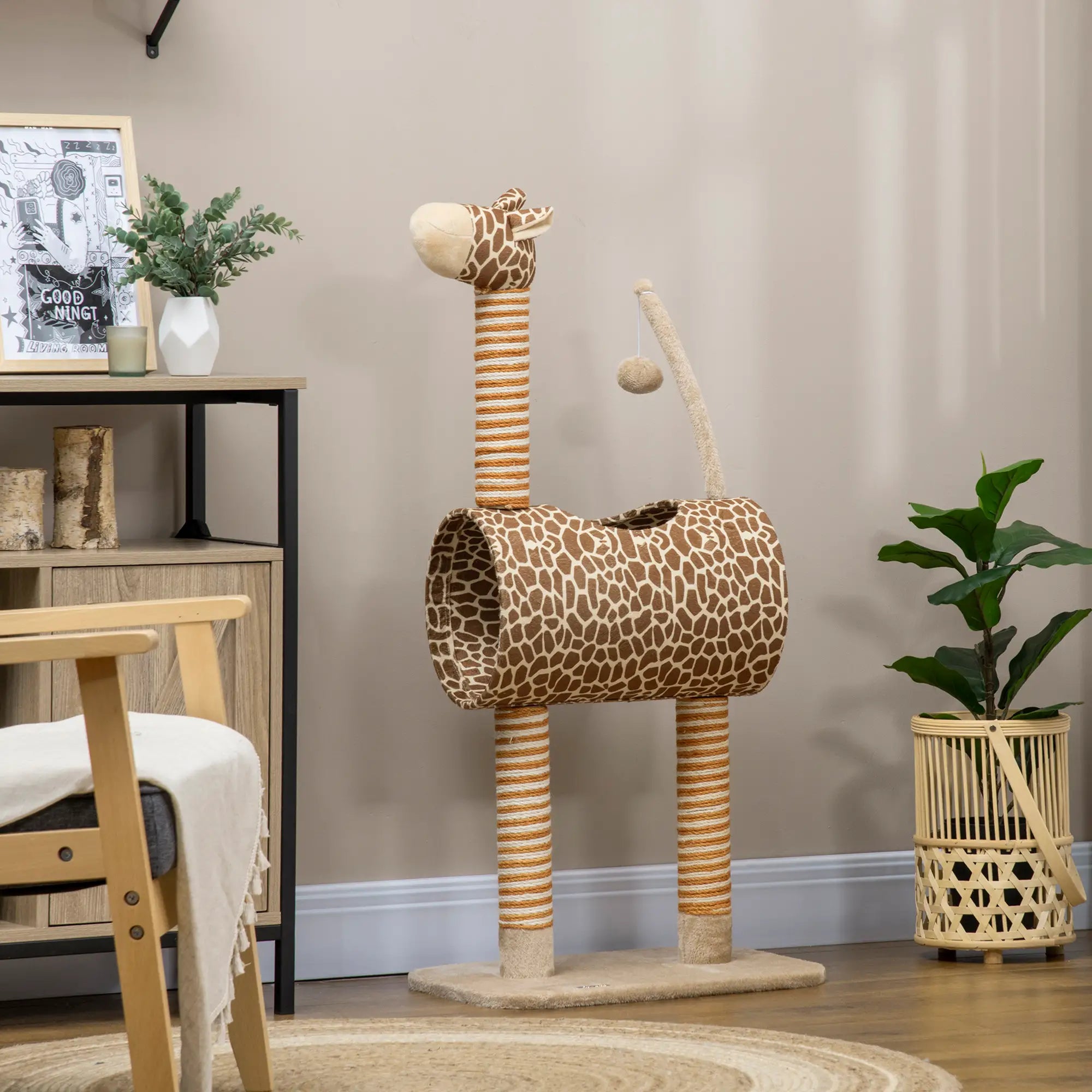 Giraffe-Designed Cat Tree, with Scratching Posts, Cat Tunnel, Toy Ball - Beige