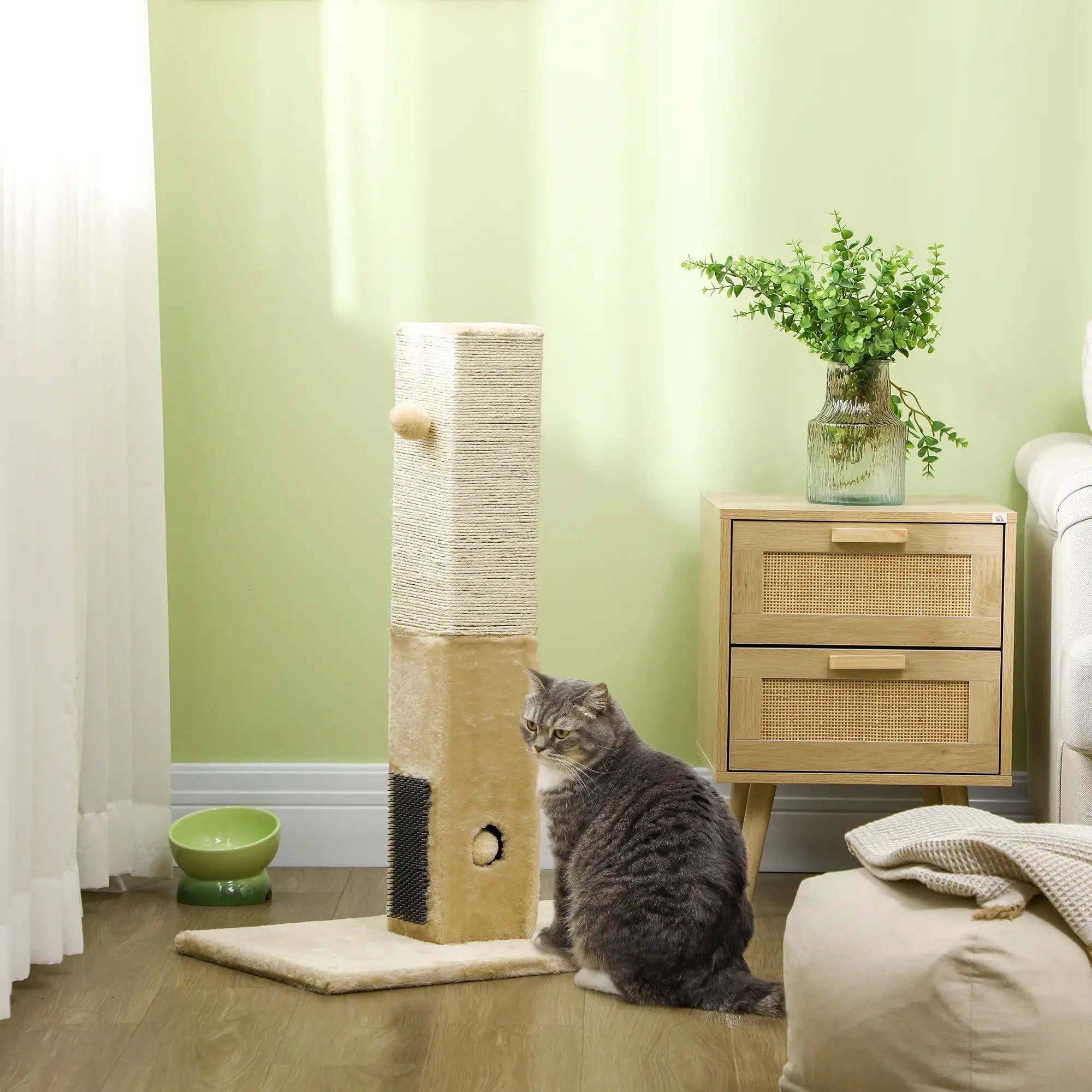Jute Cat Scratching Post w/ Carpet Base Hanging Toy - Beige
