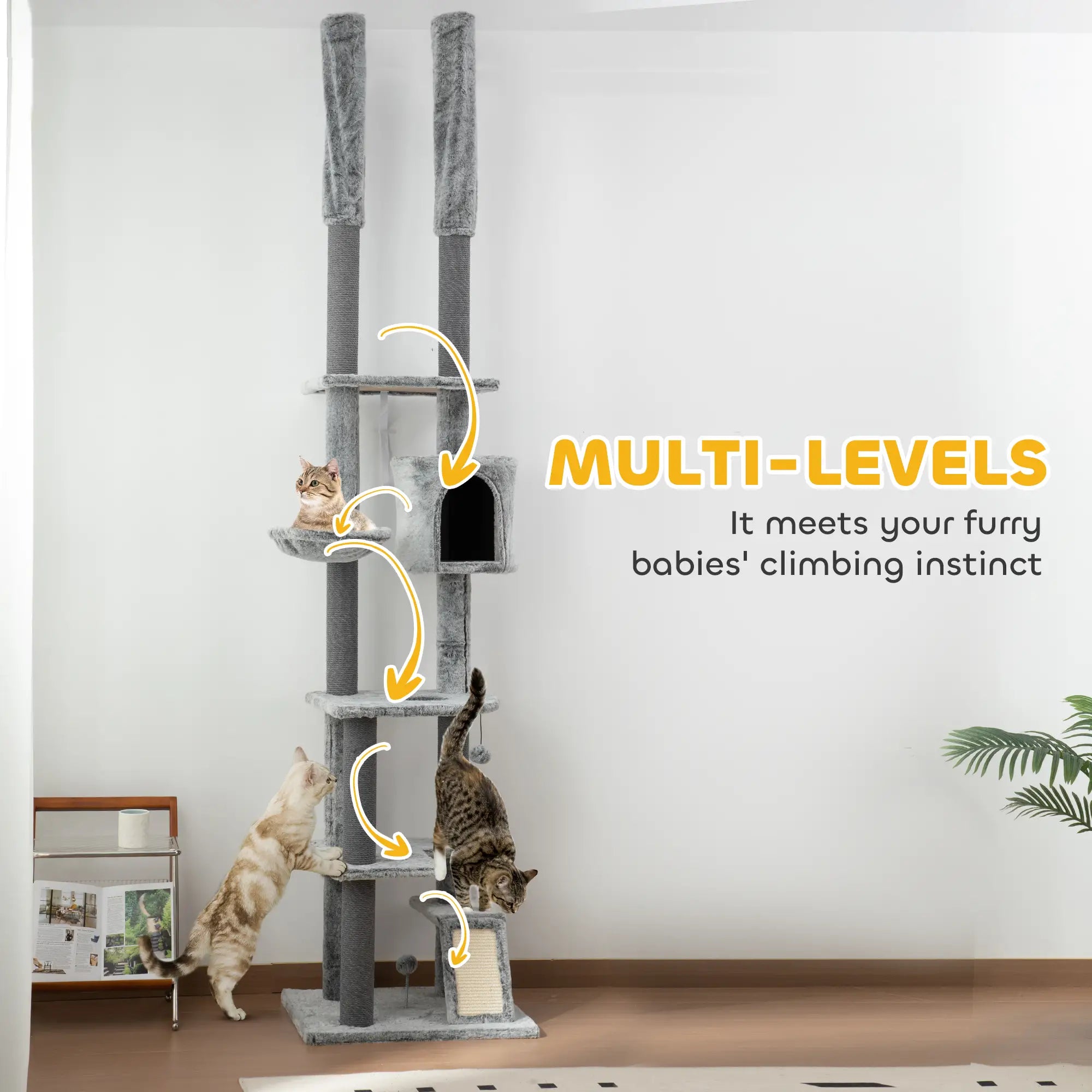 225-255cm Floor to Ceiling Cat Tree, Large Cat Tower w/ Cat Scratching Posts, Ramp, Cat House