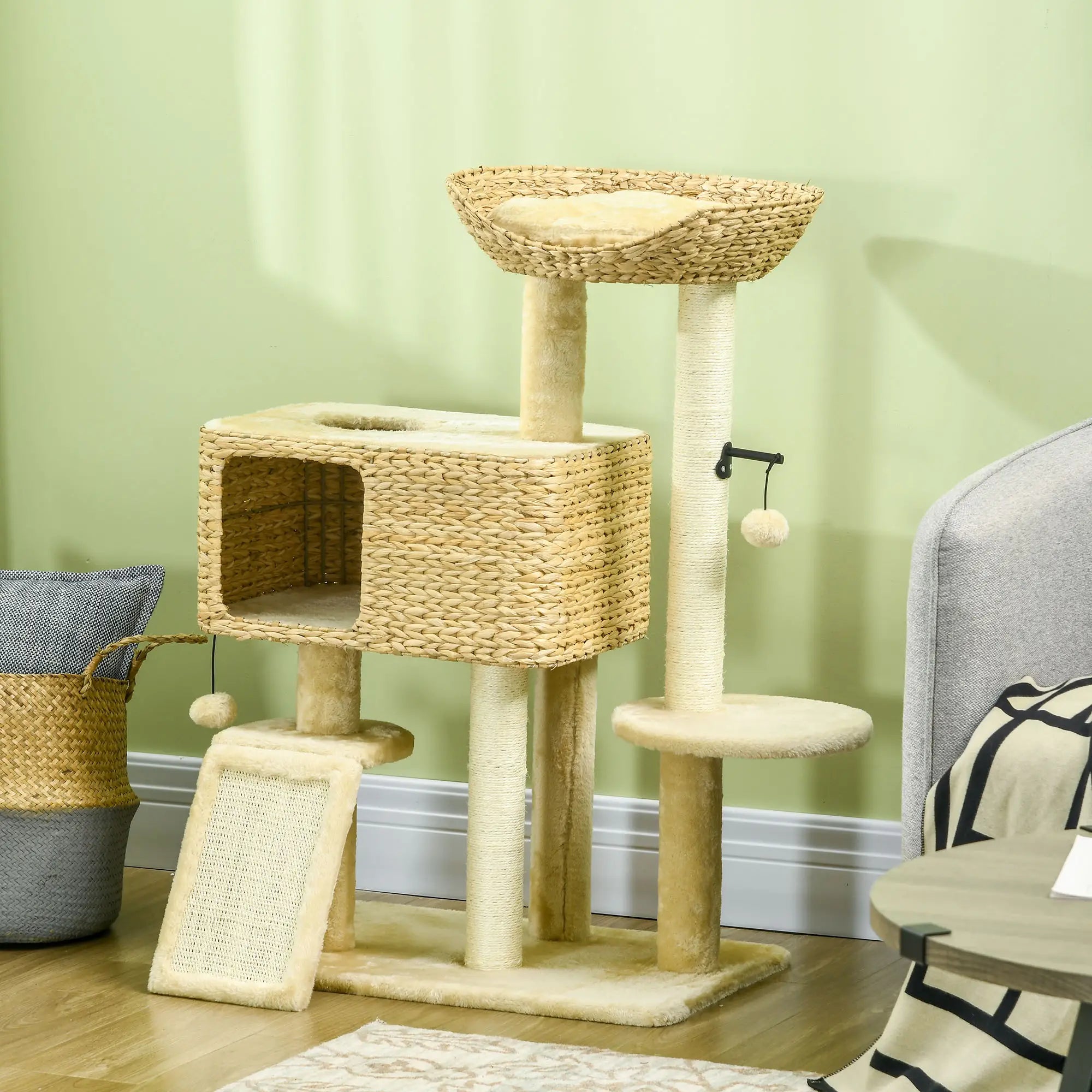 95cm Cat Tree Tower for Indoor Cats, with Scratching Post, Cat House, Toy Ball, Platform - Beige